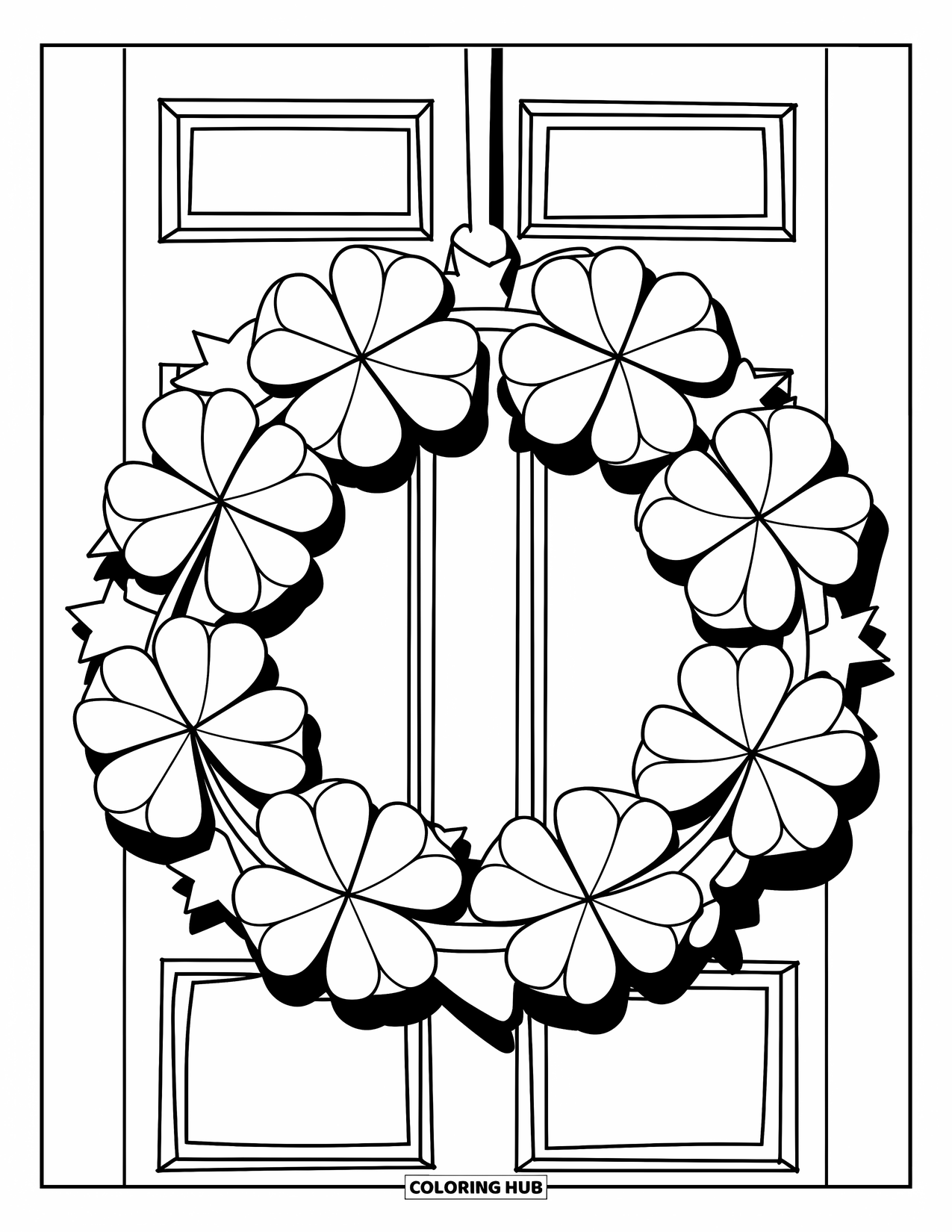 Shamrock Coloring Page for Kids: A wreath of large clovers, hearts, and stars on a door