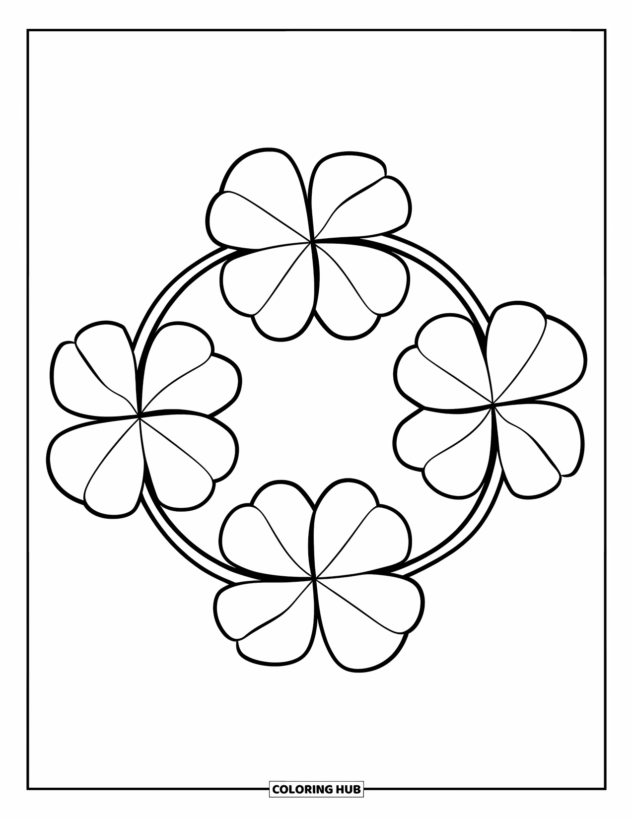 Shamrock Coloring Page for Kids: Four big shamrocks form a cheerful circular wreath