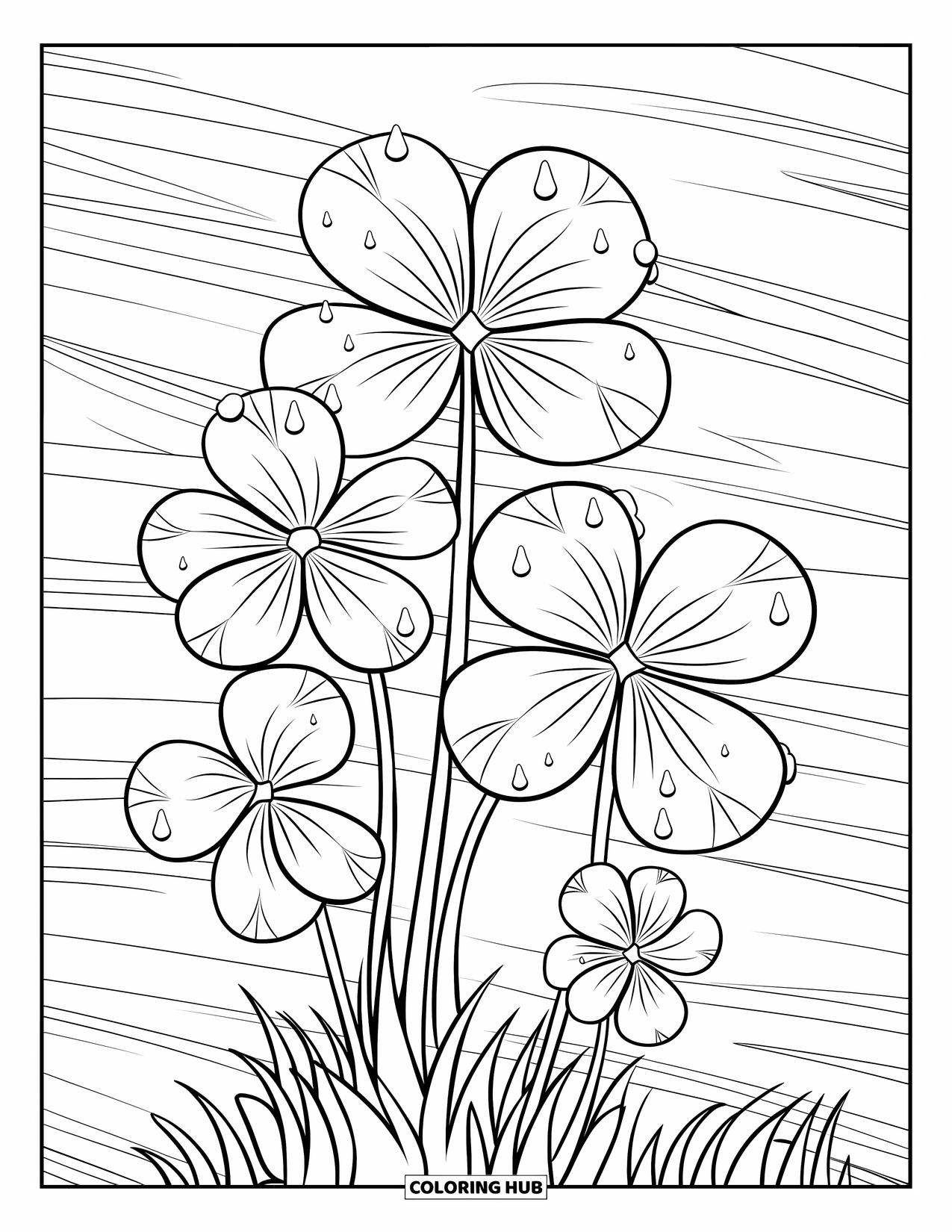 Shamrock Coloring Page for Kids: Lush clovers with dew and grass patterns beneath them