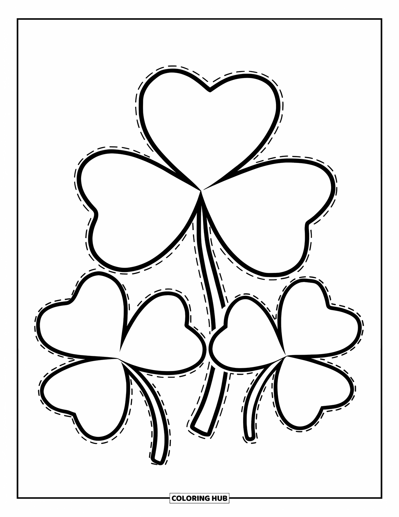 Shamrock Coloring Page for Kids: Three bold shamrocks with dashed tracing guides