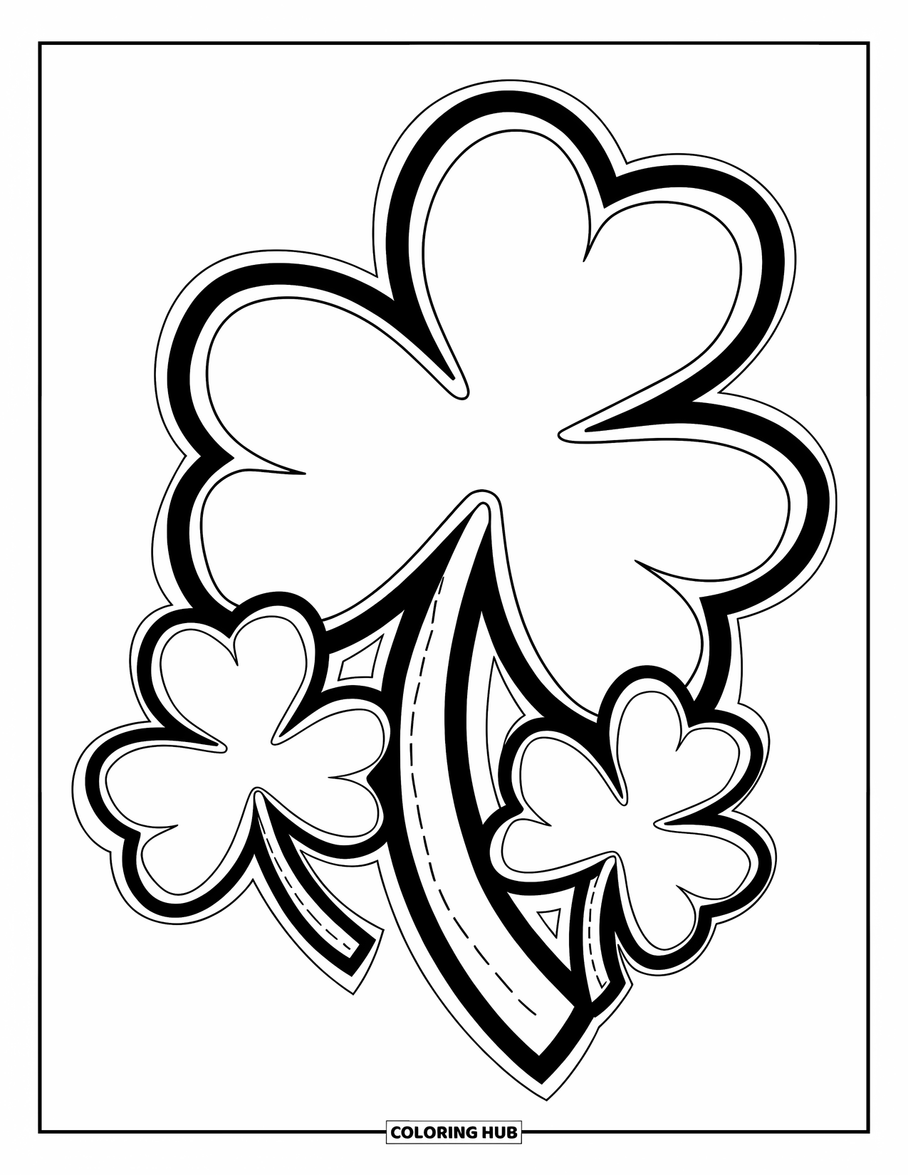 Shamrock Coloring Page for Kids: Three shamrocks with bold outlines and traceable dashed lines