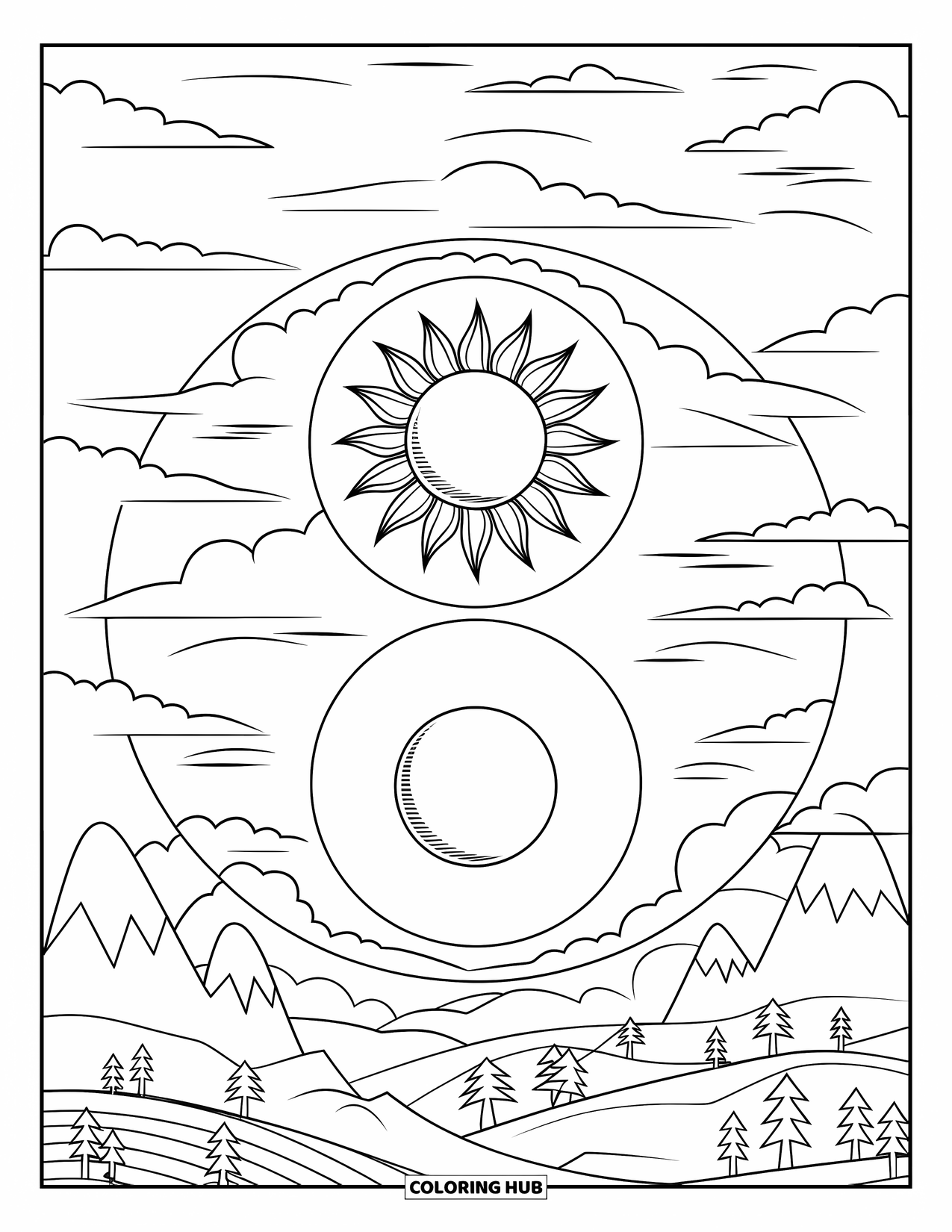 Sky Coloring Page for Adults: A balanced sun and moon rest in a peaceful yin-yang sky