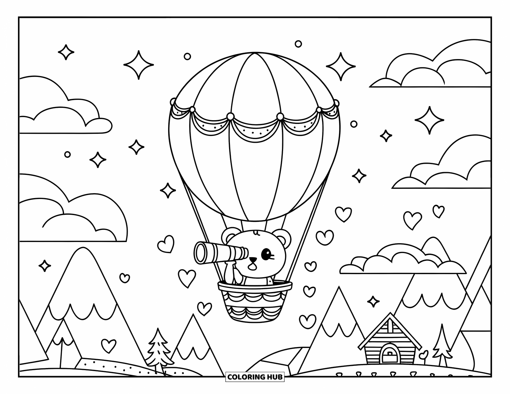 Sky Coloring Page for Adults: A bear in a balloon looks through a telescope