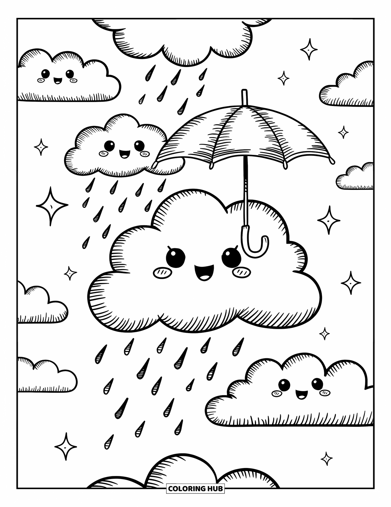 Sky Coloring Page for Adults: A happy cloud family drifts under gentle rain and stars