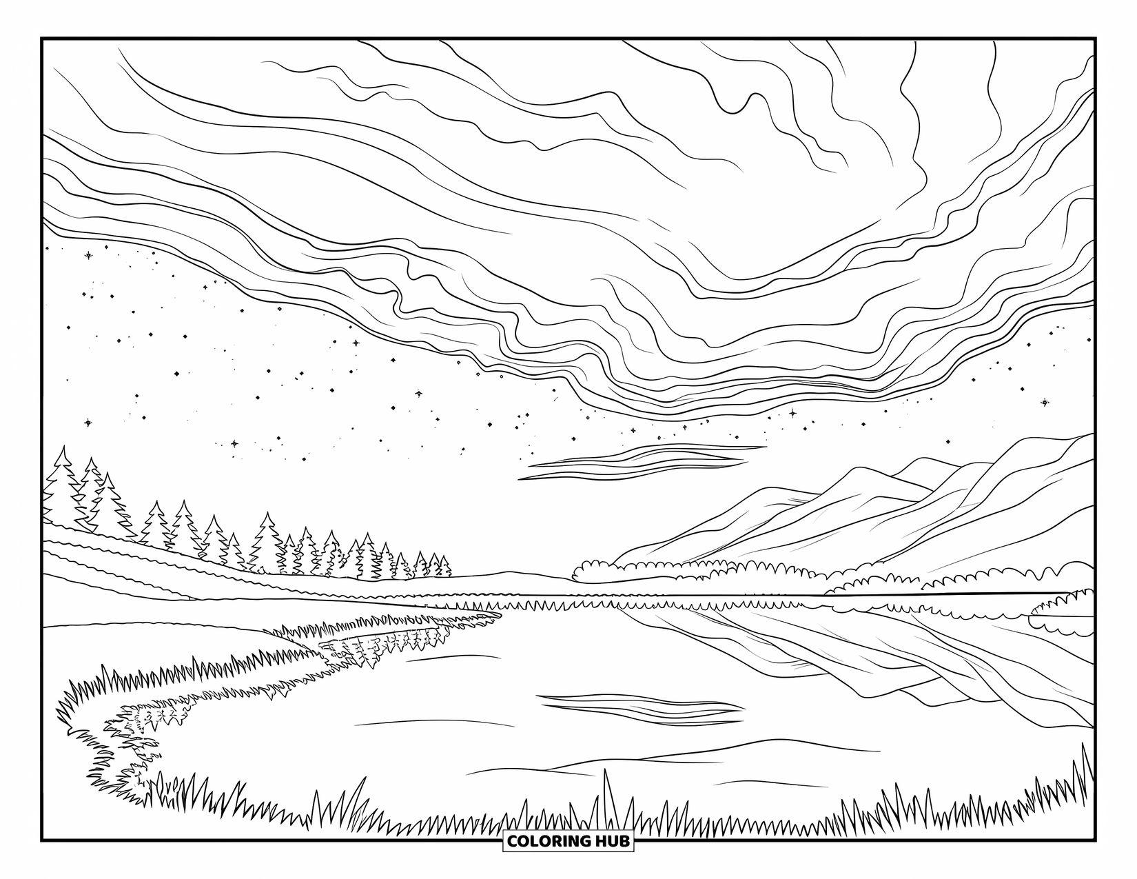 Sky Coloring Page for Adults: A peaceful lake reflects swirling aurora clouds and stars