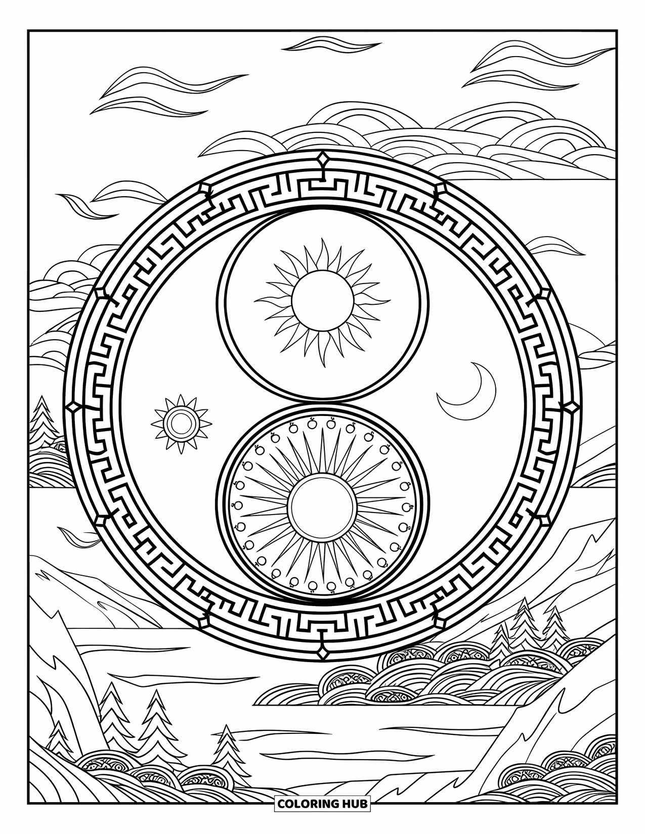 Sky Coloring Page for Adults: A yin-yang sky unites the sun, moon, and clouds