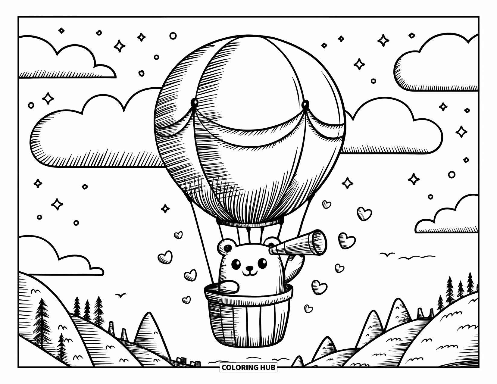 Sky Coloring Page for Adults: Bear pilot drifts among clouds and stars