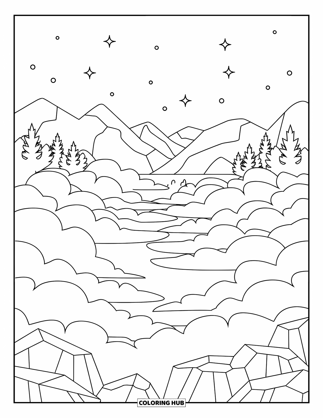 Sky Coloring Page for Adults: Calm clouds ripple over mountains under a quiet sky