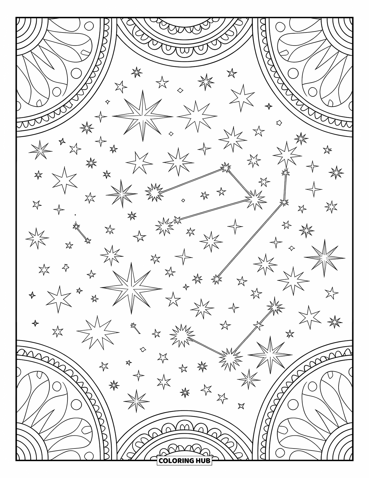 Sky Coloring Page for Adults: Constellations and swirling stars fill an intricate celestial sky