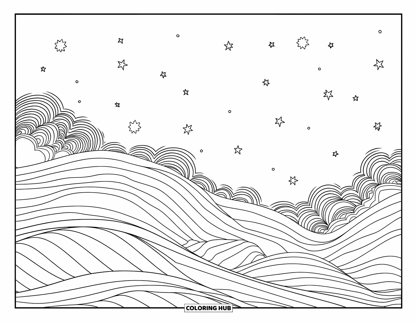 Sky Coloring Page for Adults: Layered waves and dotted stars fill a dreamy sky