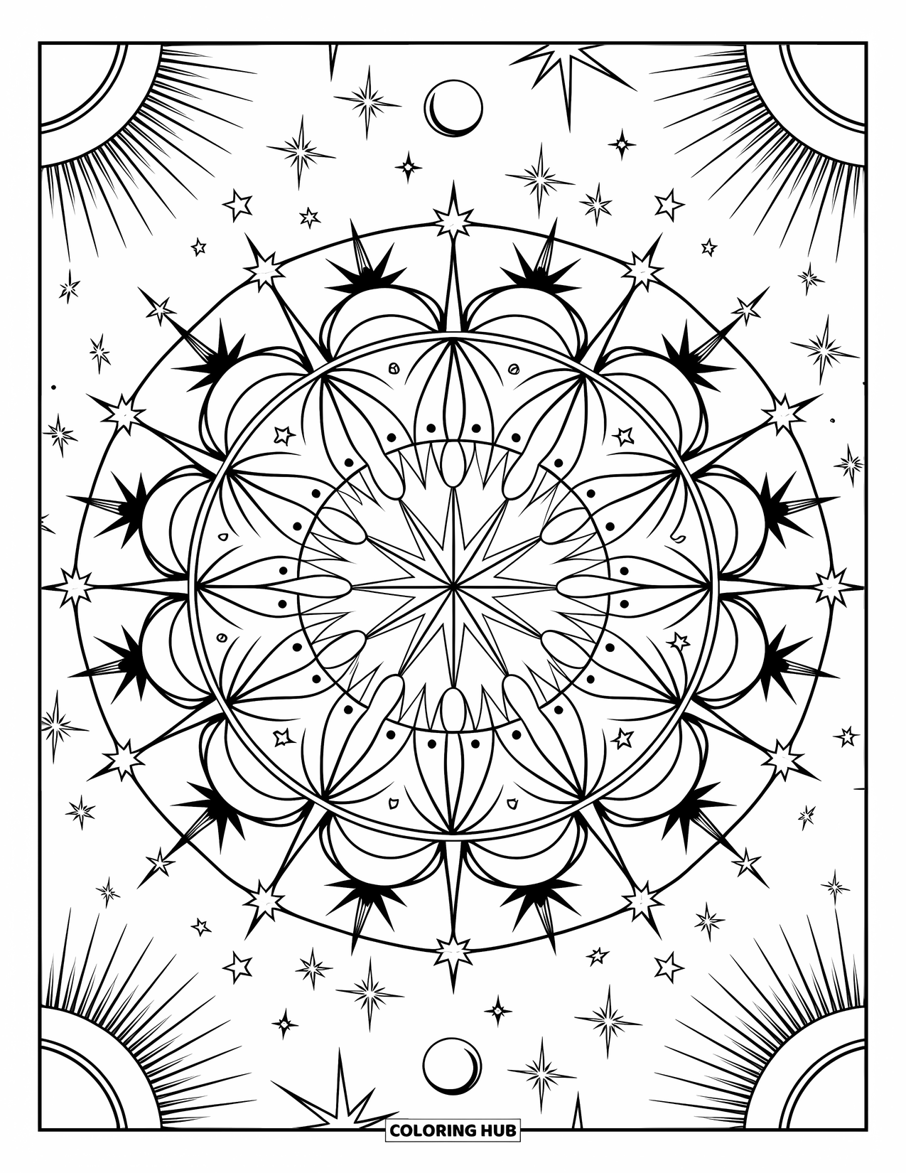 Sky Coloring Page for Adults: Radiant stars and moons circle in a celestial mandala
