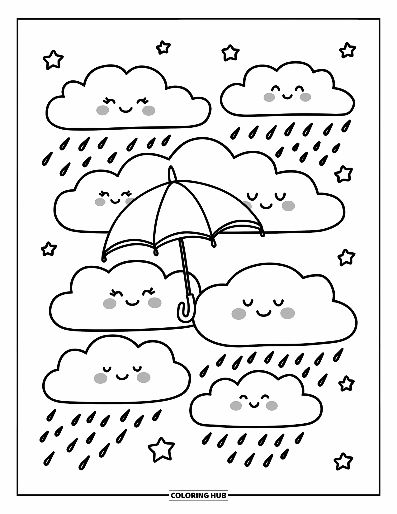 Sky Coloring Page for Adults: Smiling clouds float together under raindrops and stars