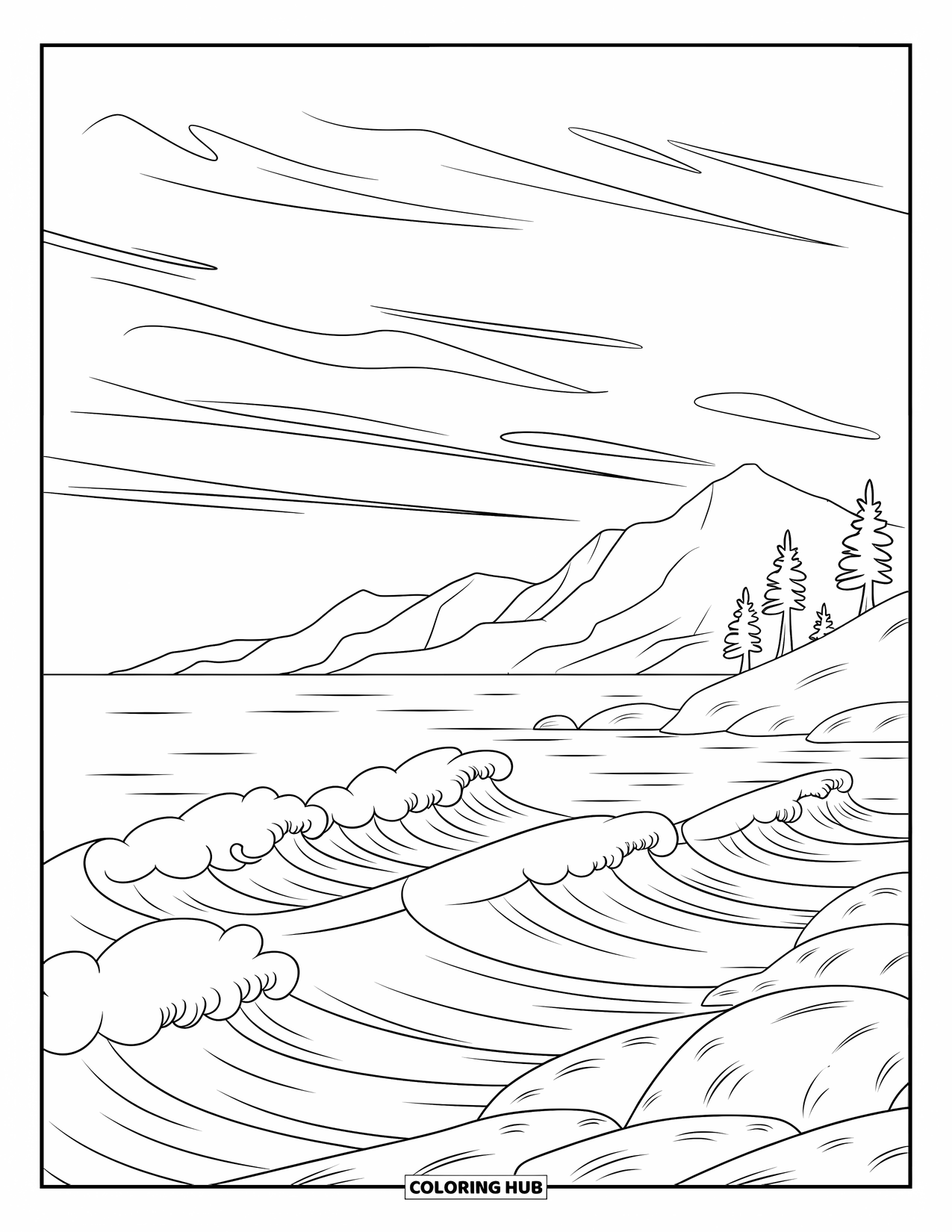 Sky Coloring Page for Adults: Smooth sea waves reflect mountains beneath a peaceful sky