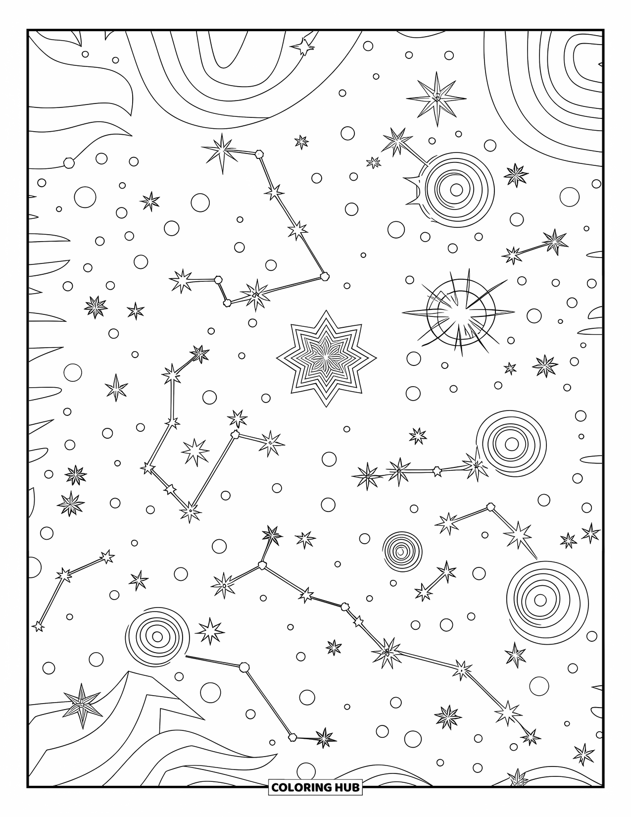 Sky Coloring Page for Adults: Stars and spirals form constellations across a deep sky