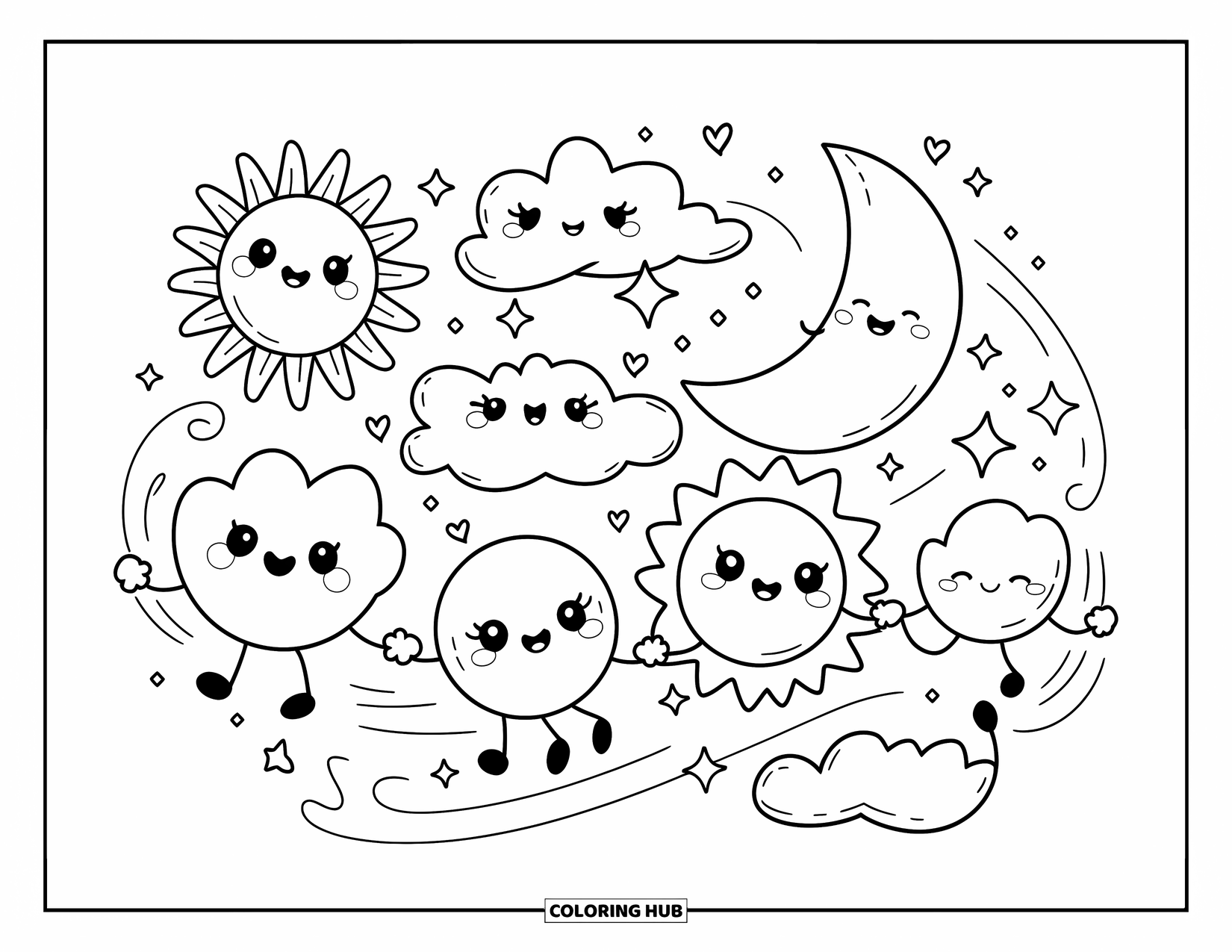 Sky Coloring Page for Adults: Sun, moon, and stars float joyfully through clouds