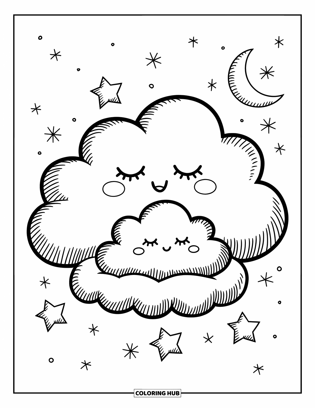 Sky Coloring Page for Adults: Two clouds rest together beneath stars