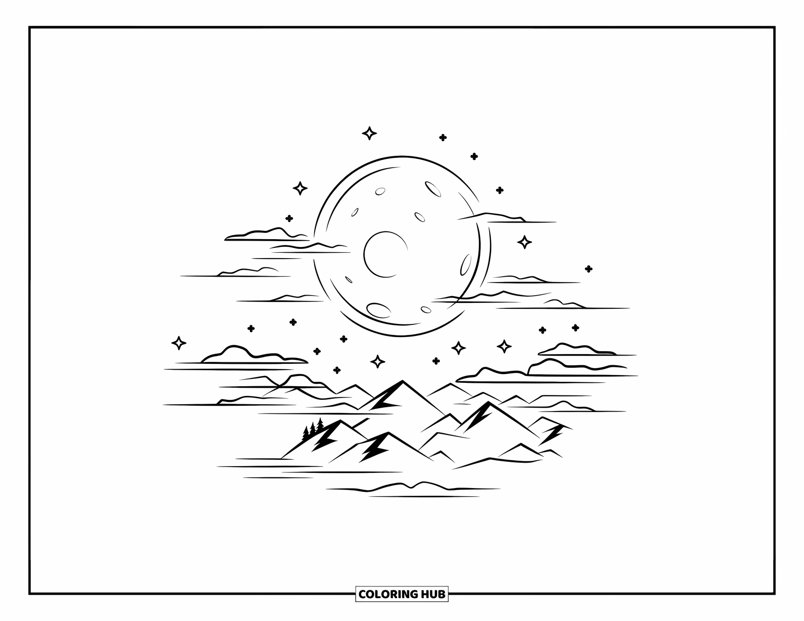 Sky Coloring Page for Kids: A bright moon rises above mountain slopes dotted with small trees and stars