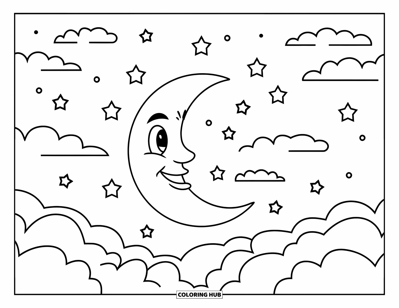 Sky Coloring Page for Kids: A cheerful moon with stars and clouds floating in the night sky