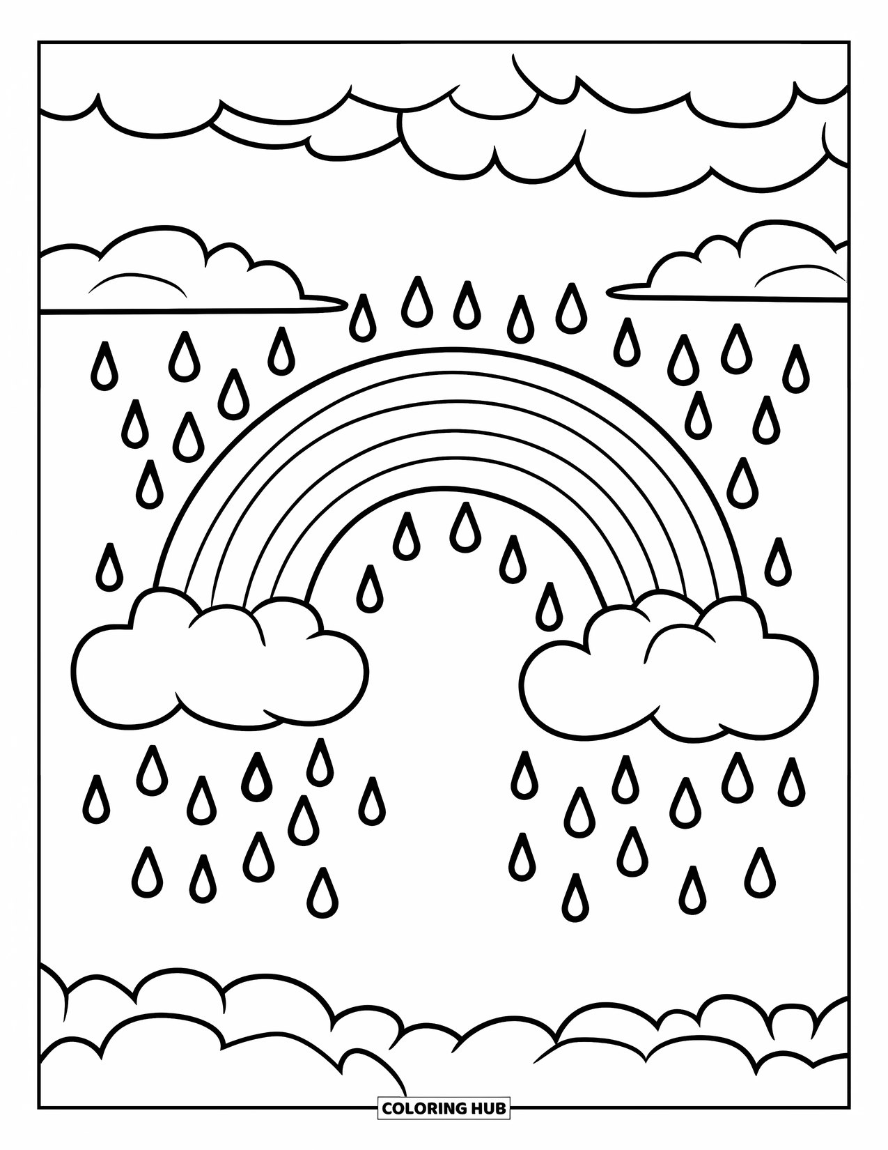 Sky Coloring Page for Kids: A cheerful rainbow arches across the sky with falling raindrops