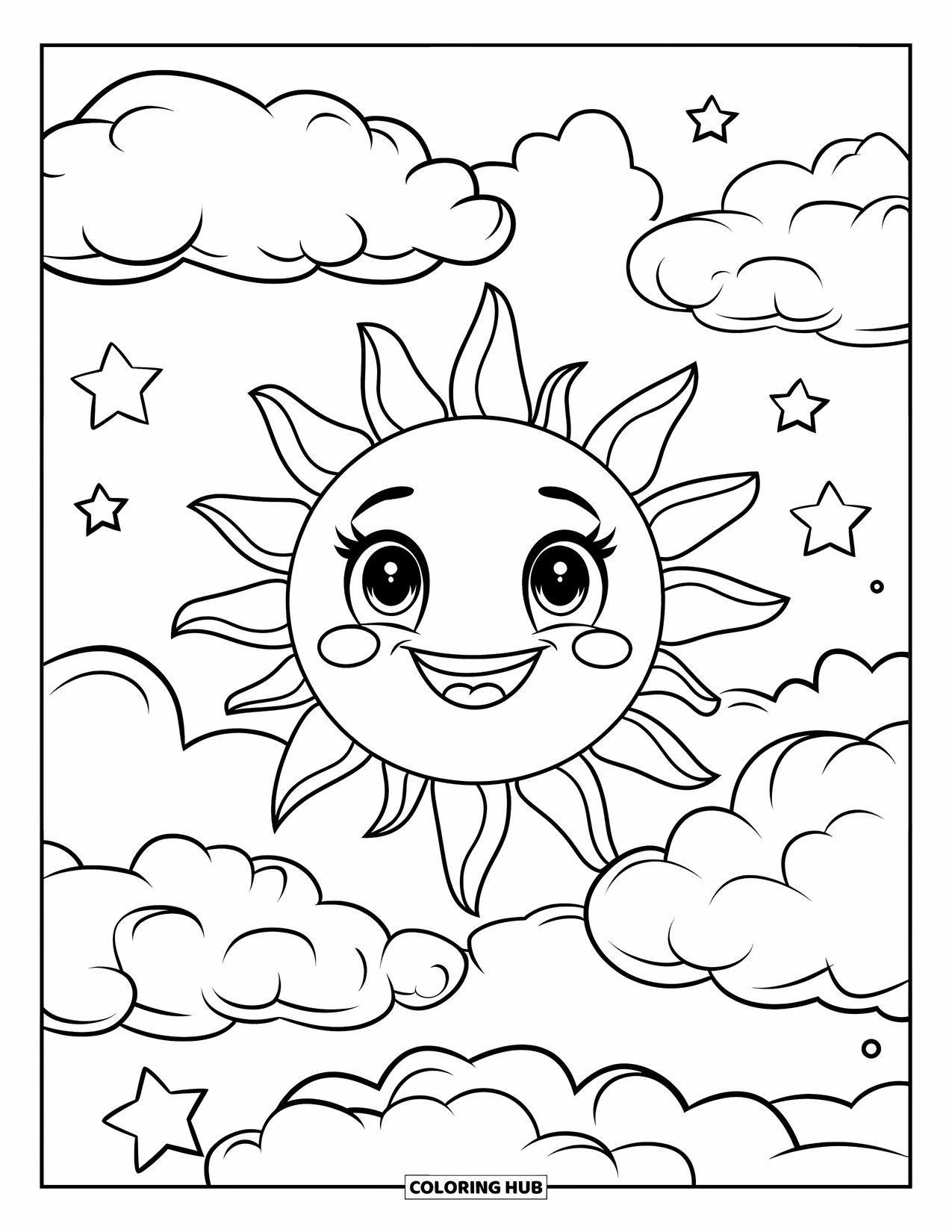 Sky Coloring Page for Kids: A cheerful sun with a big grin glows above clouds and stars