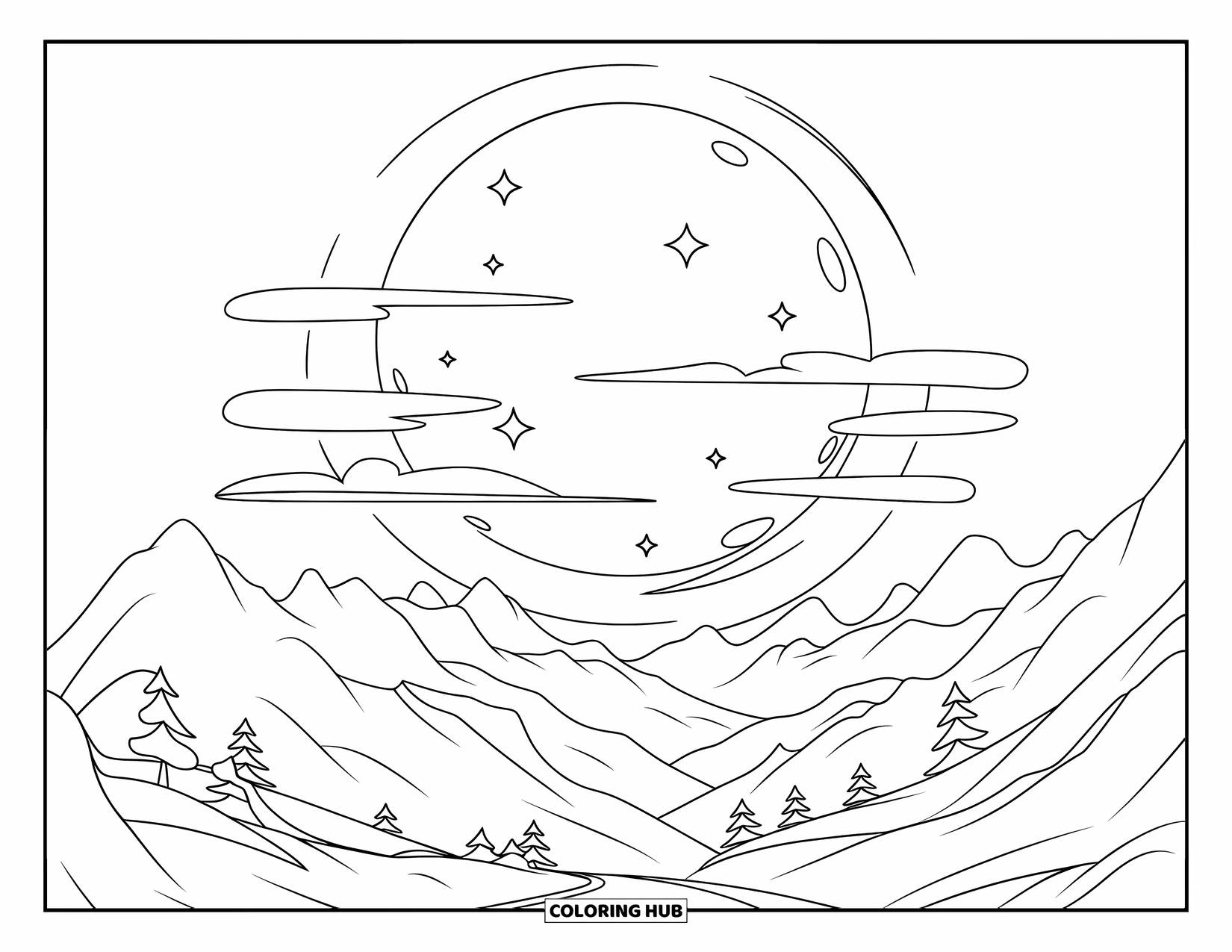 Sky Coloring Page for Kids: A crescent moon glows above mountains and clouds sprinkled with stars
