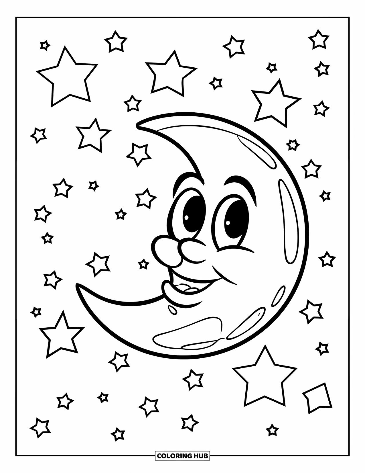 Sky Coloring Page for Kids: A happy moon with stars shines brightly in a peaceful sky