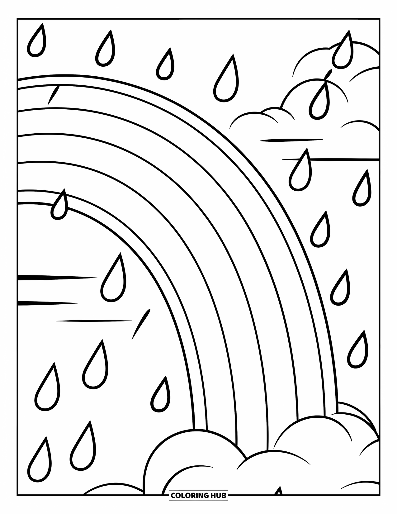 Sky Coloring Page for Kids: A large rainbow and falling raindrops brighten the sky above the clouds