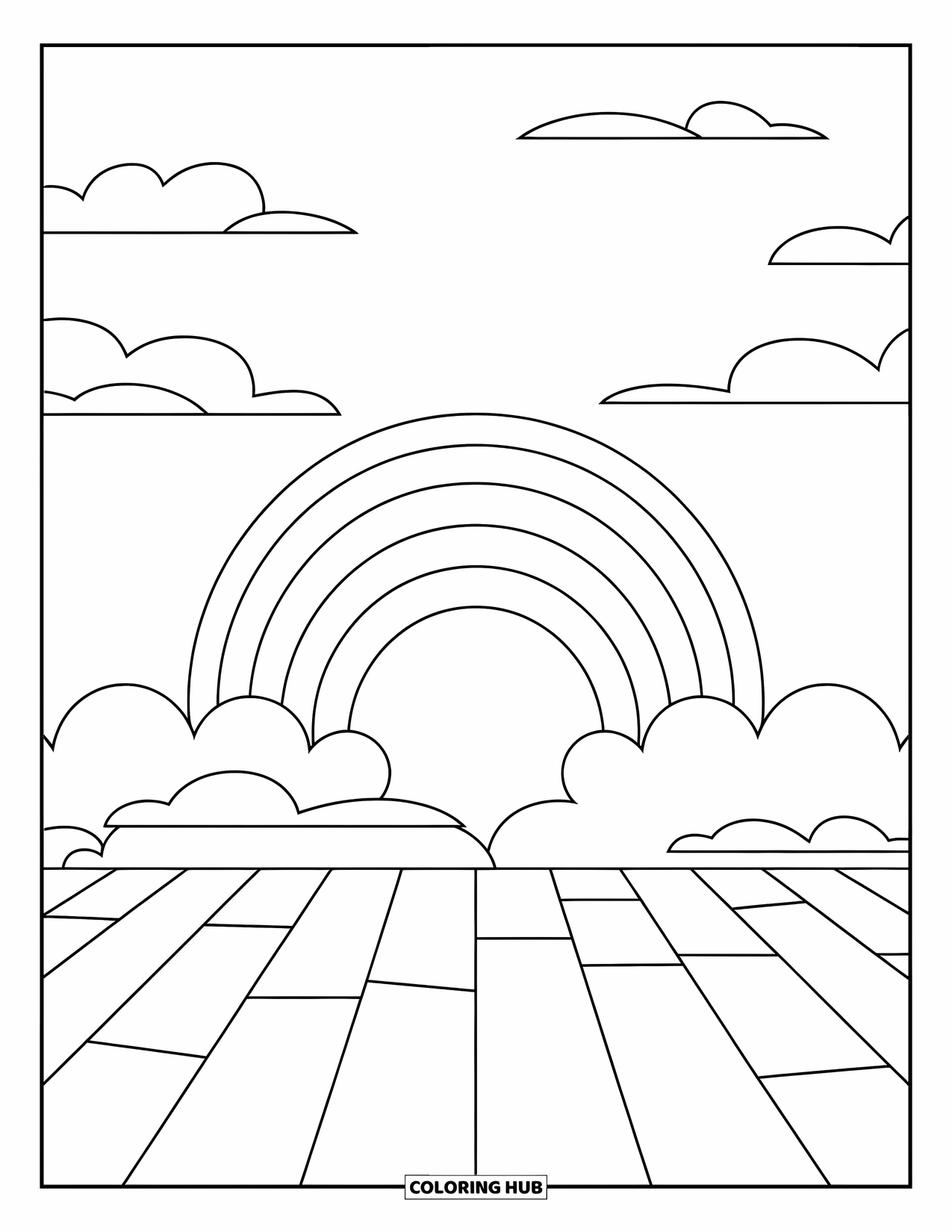 Sky Coloring Page for Kids: A rainbow arches over a peaceful field and soft clouds