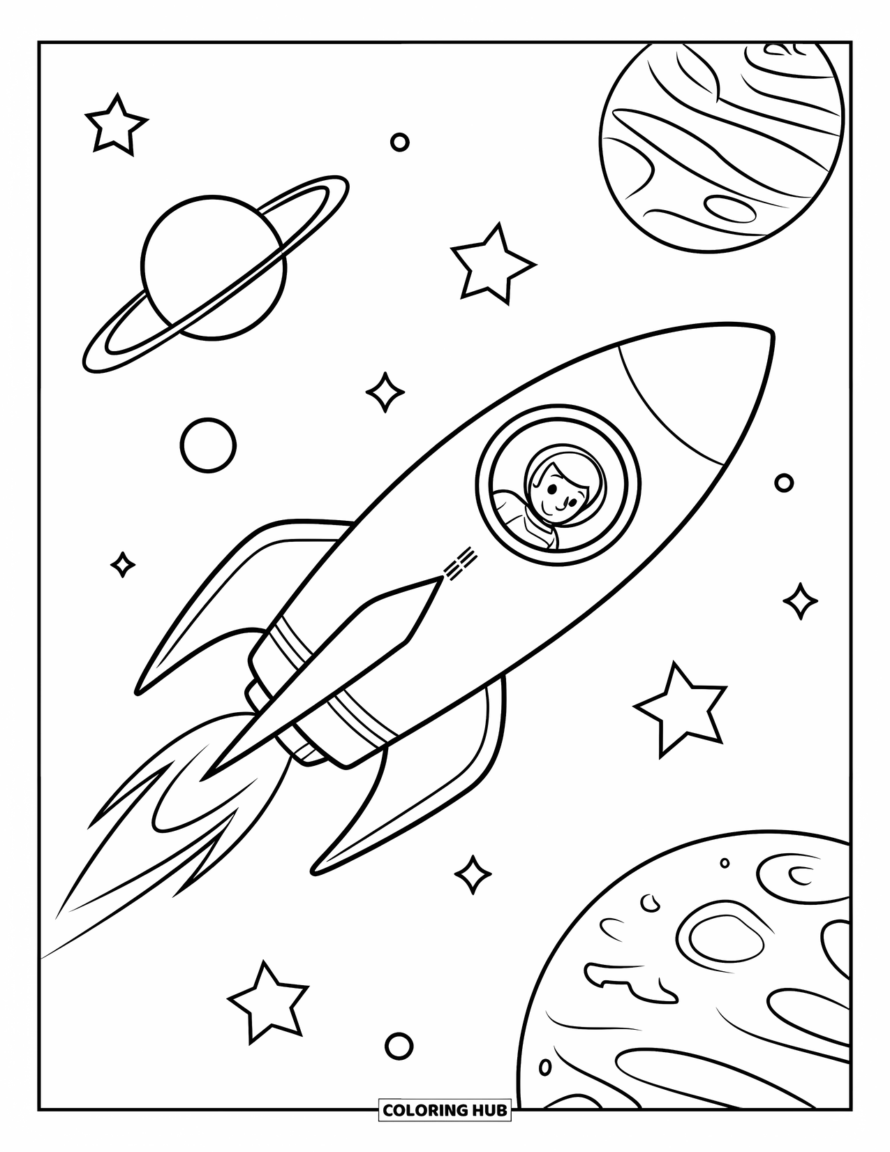Sky Coloring Page for Kids: A rocket with an astronaut travels among planets, moons, and stars