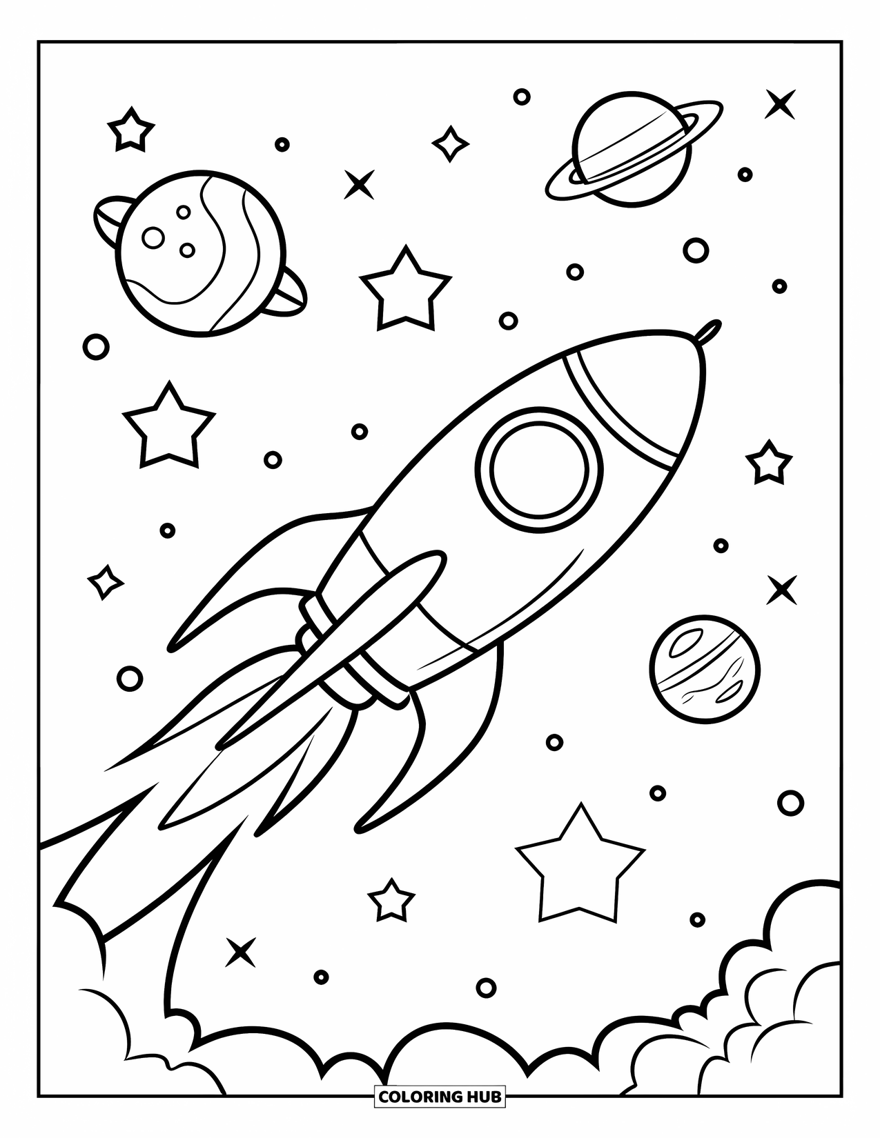 Sky Coloring Page for Kids: A rocket with curved fins glides through a sky filled with stars and planets