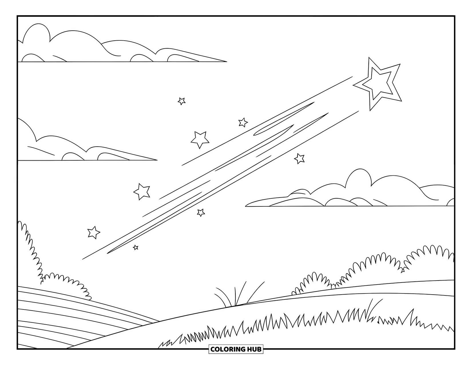 Sky Coloring Page for Kids: A shooting star flashes across a sky filled with clouds and trees