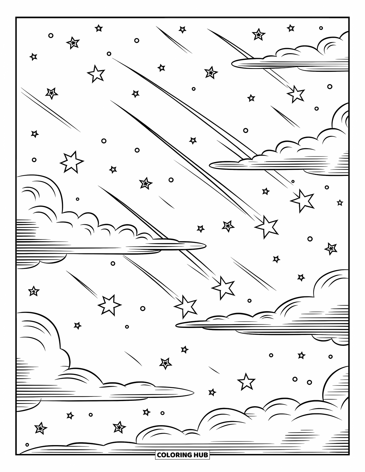 Sky Coloring Page for Kids: A sky full of stars and clouds glowing with streaking meteors
