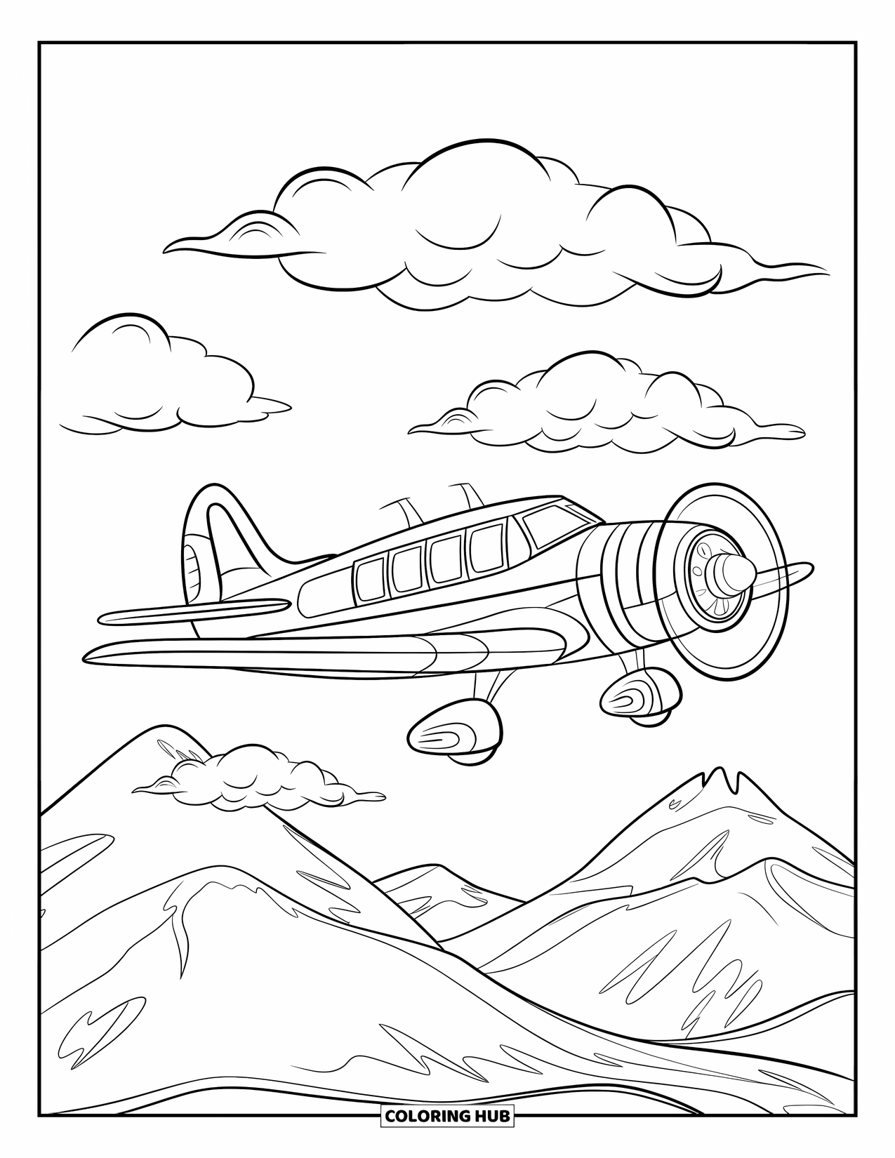 Sky Coloring Page for Kids: A sleek airplane flies over green mountains and rounded clouds