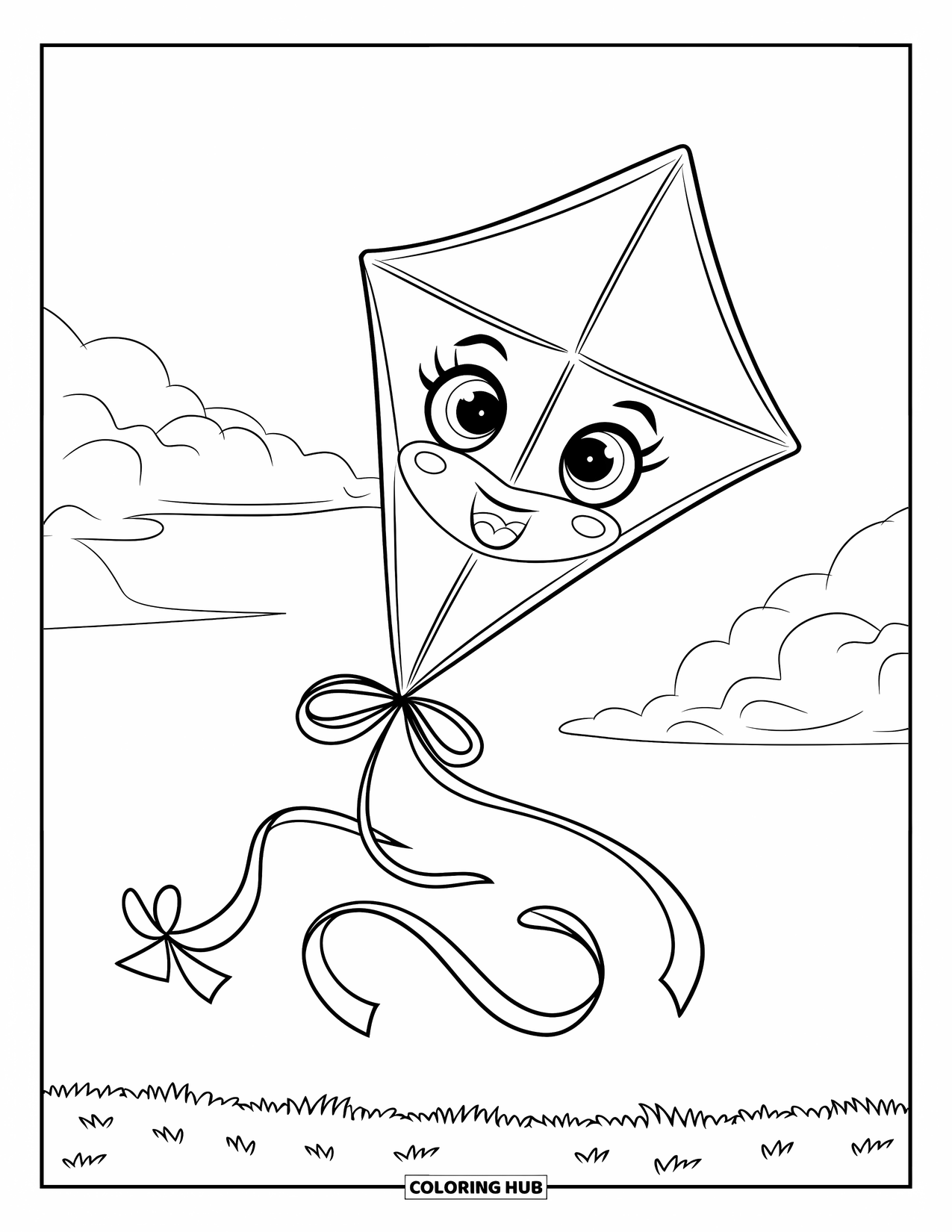 Sky Coloring Page for Kids: A smiling kite with a curly tail and bow drifts over the grass