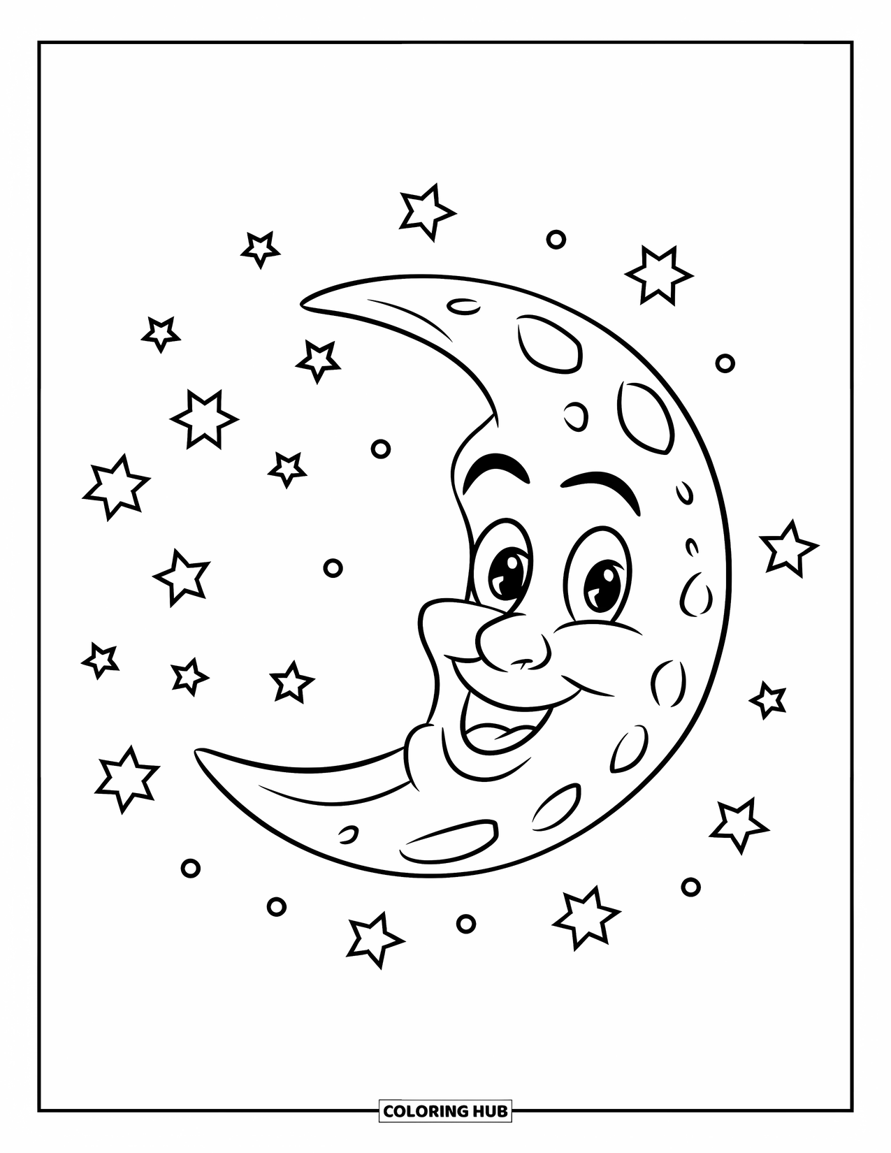 Sky Coloring Page for Kids: A smiling moon surrounded by twinkling stars lights up the night sky