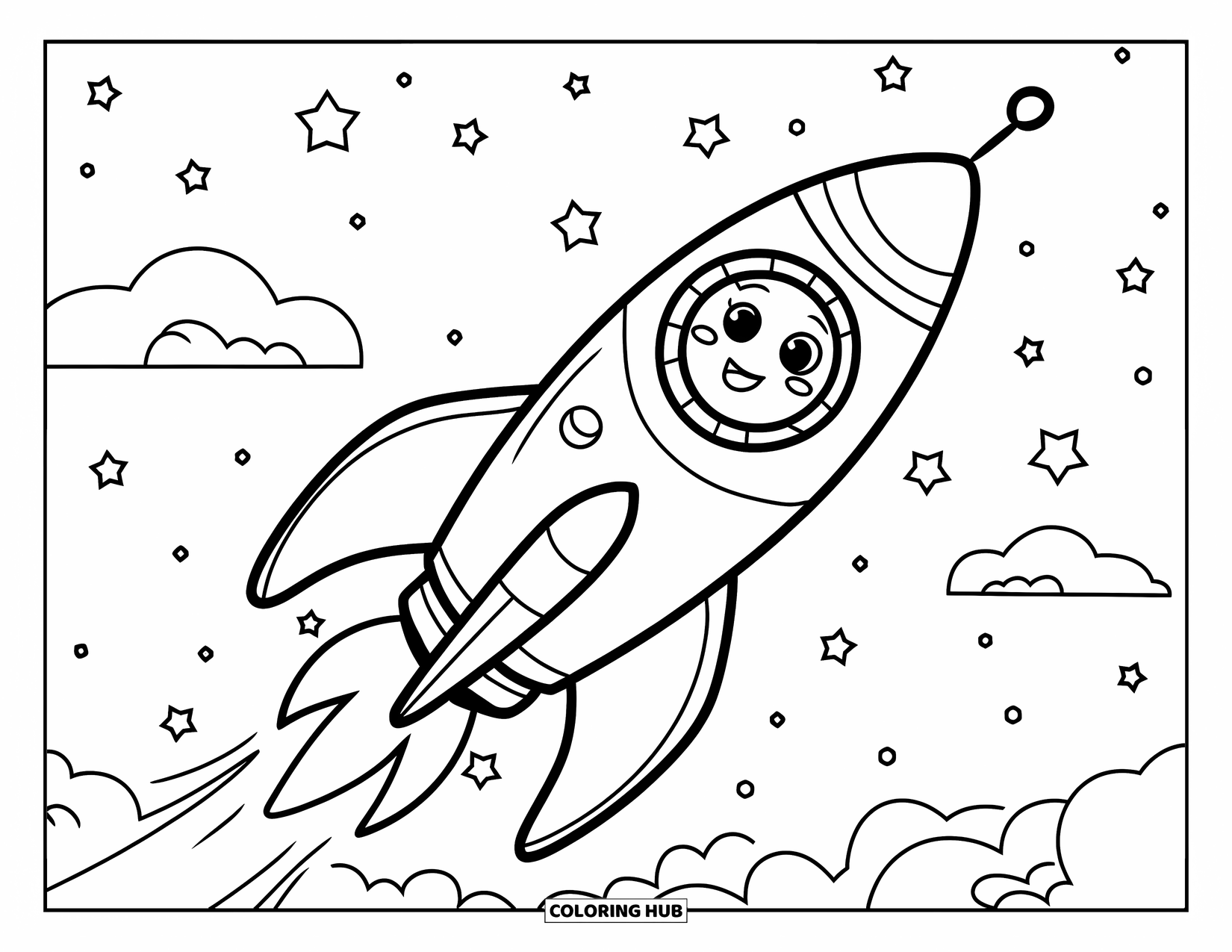 Sky Coloring Page for Kids: A smiling rocket zooms toward the stars through a cloudy sky