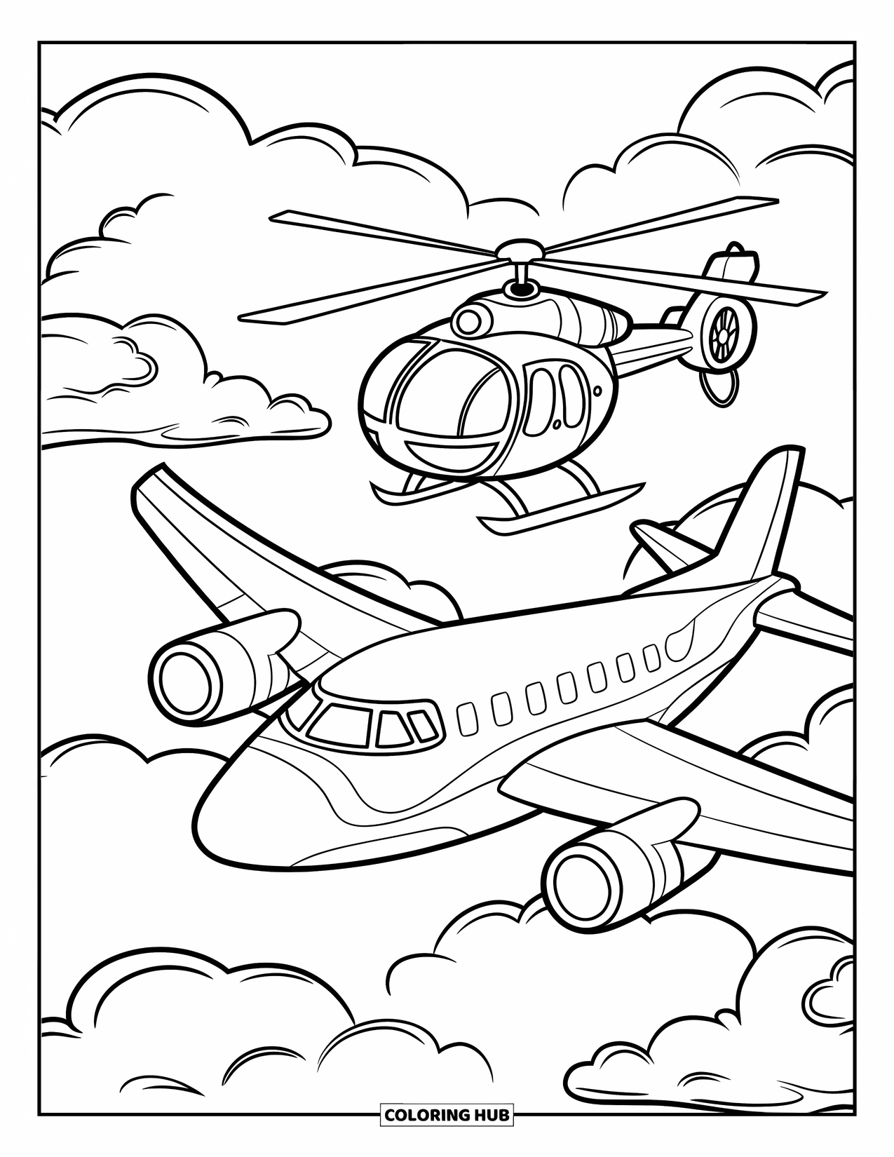 Sky Coloring Page for Kids: An airplane and helicopter glide side by side among gentle clouds