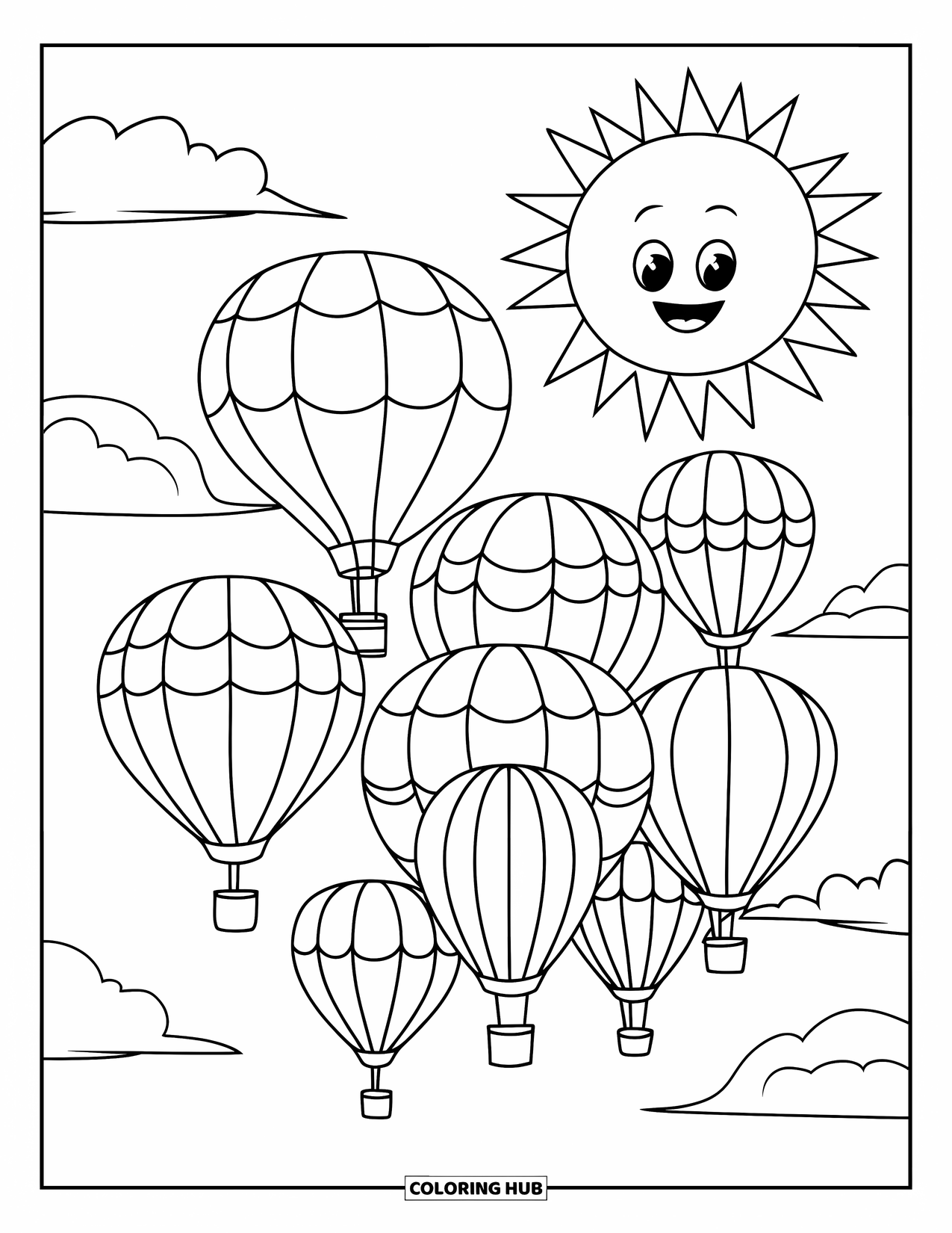 Sky Coloring Page for Kids: Hot air balloons float together beneath a smiling sun