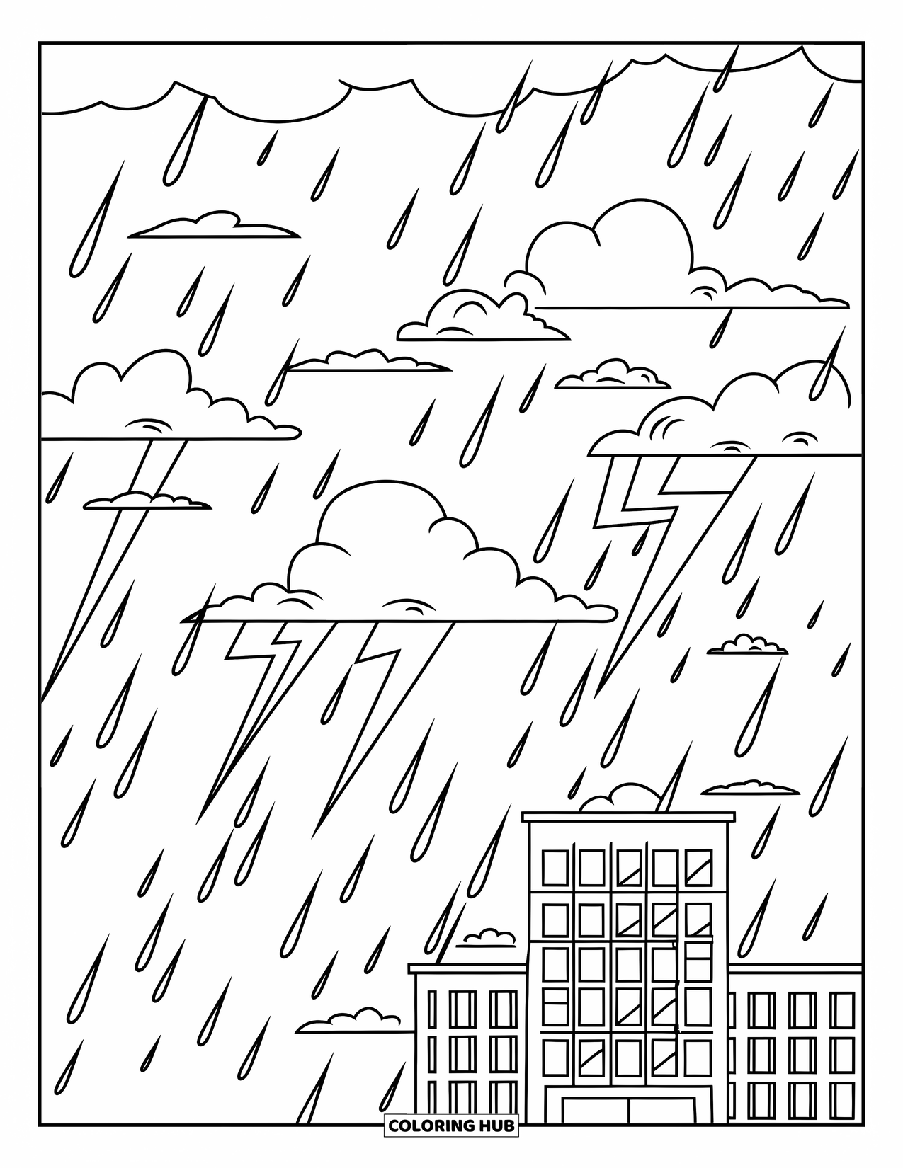 Sky Coloring Page for Kids: Raindrops fall under storm clouds lit by streaks of lightning