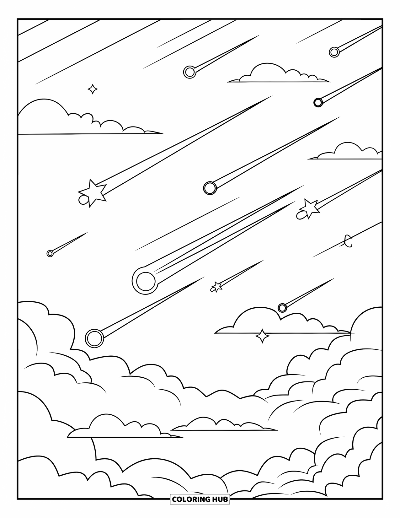 Sky Coloring Page for Kids: Shooting stars streak across fluffy clouds in a dreamy night sky