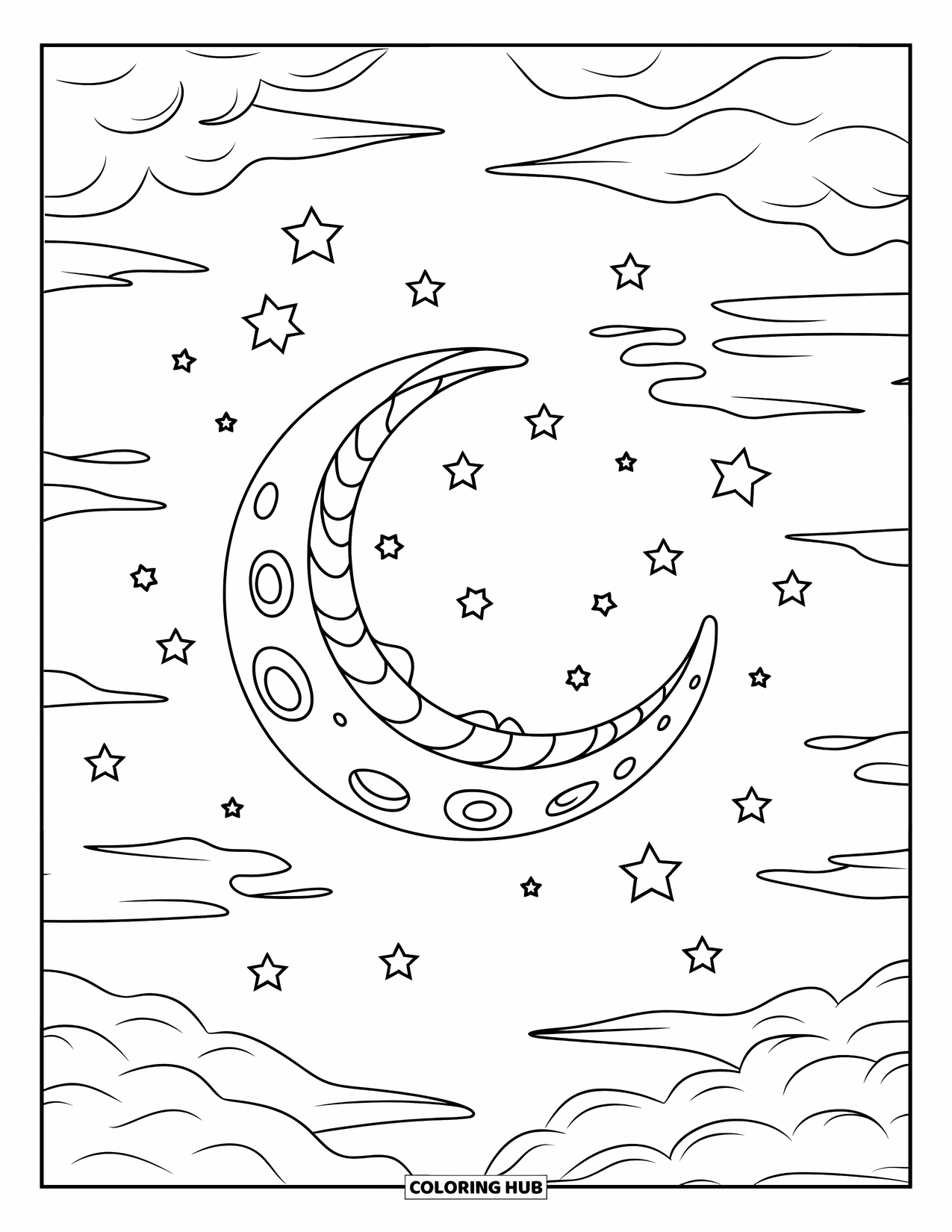 Sky Coloring Page for Kids: The moon glows among wispy clouds surrounded by sparkling stars