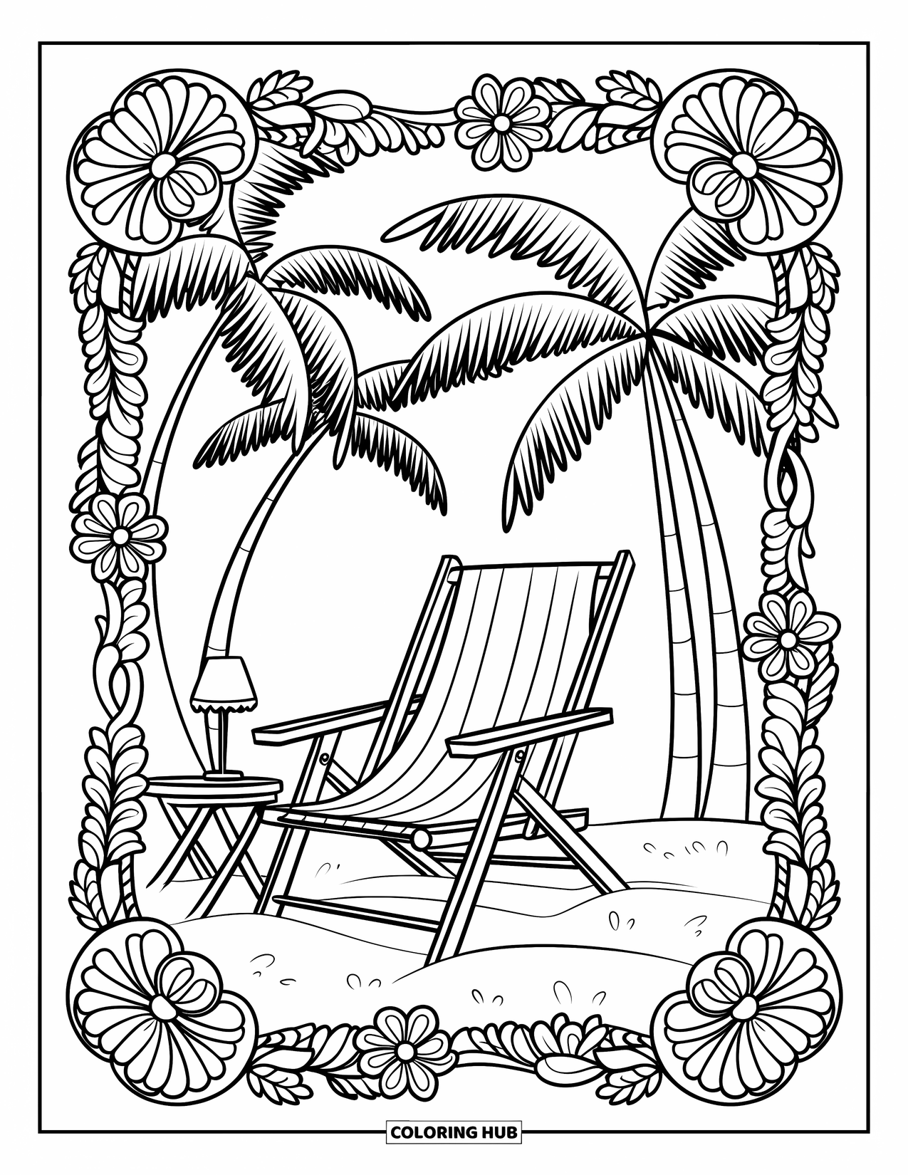 Spring Break Coloring Page for Adults: A beach chair beneath palm trees enclosed in a floral mandala
