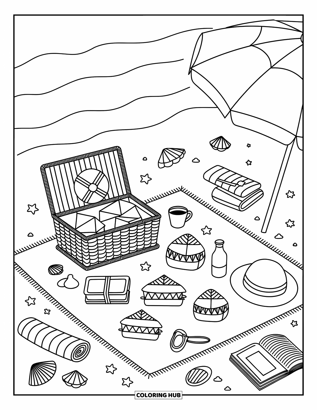 Spring Break Coloring Page for Adults: A beach picnic with sandwiches, juice, and seashells on soft sand