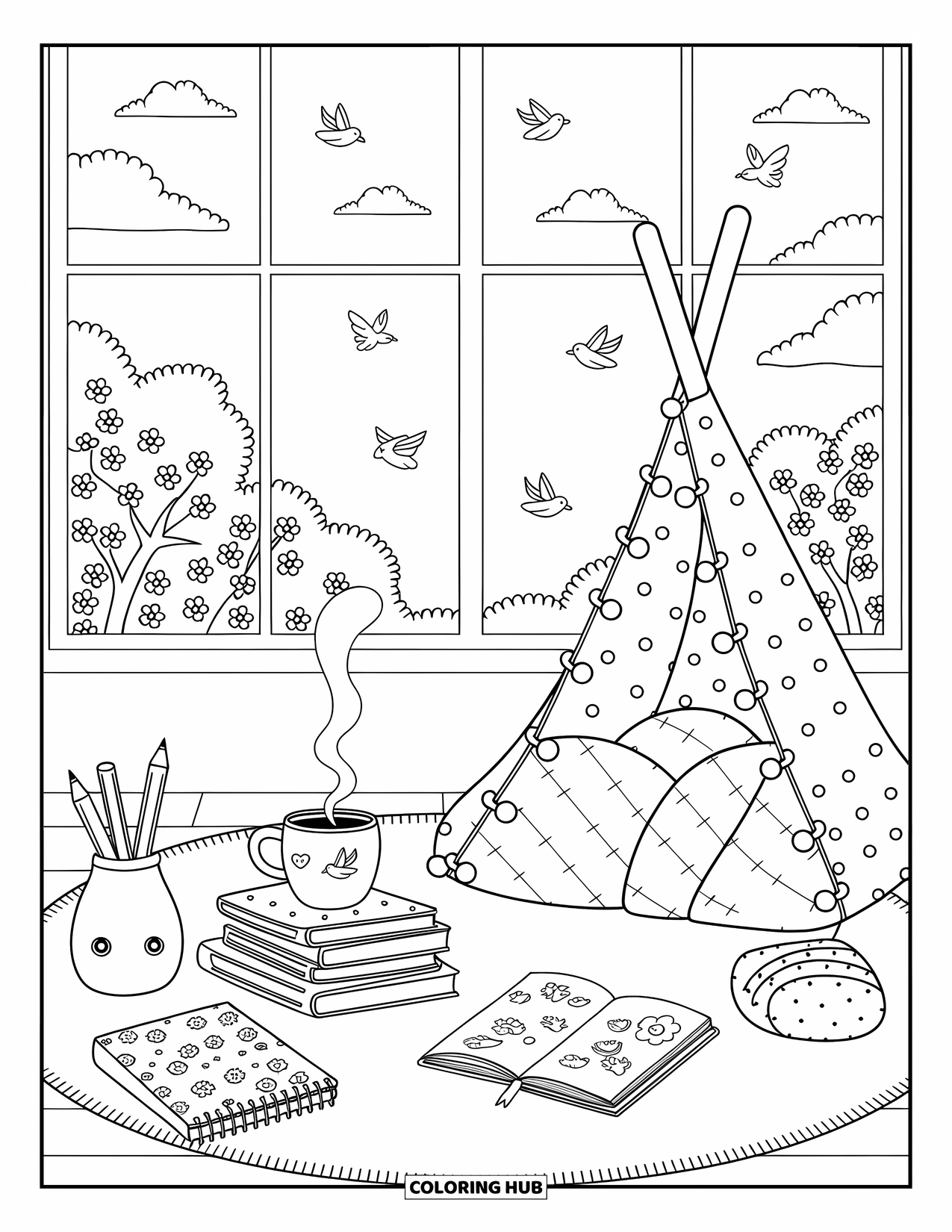 Spring Break Coloring Page for Adults: A bedroom reading corner filled with books, string lights, and warm light