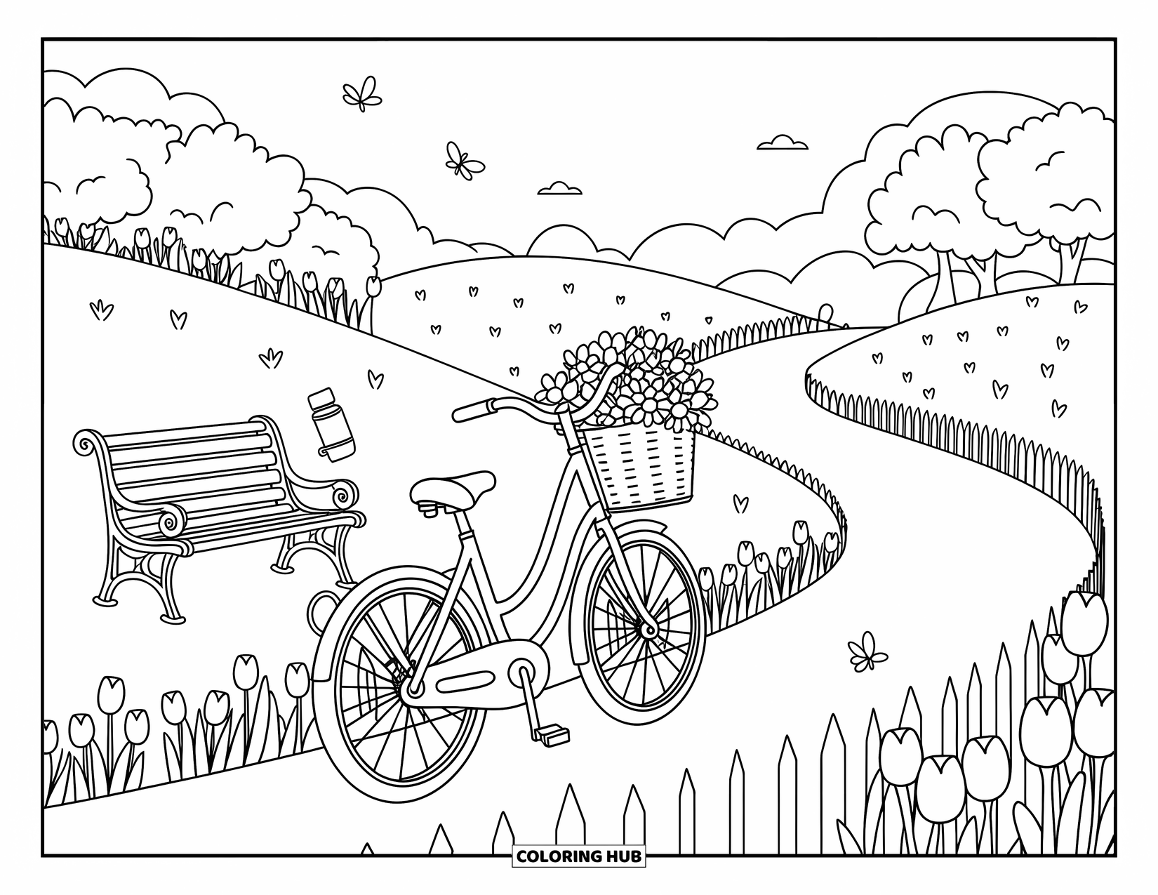 Spring Break Coloring Page for Adults: A bicycle with a flower basket rests beside a sunny park path