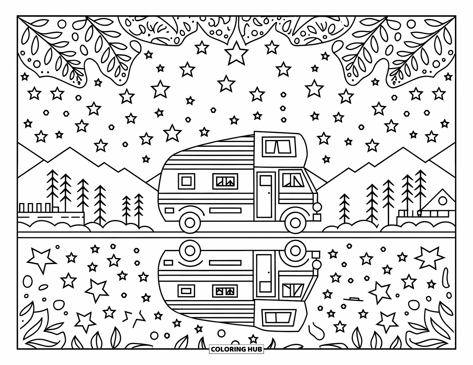 Spring Break Coloring Page for Adults: A camper van by calm waters surrounded by stars and patterns