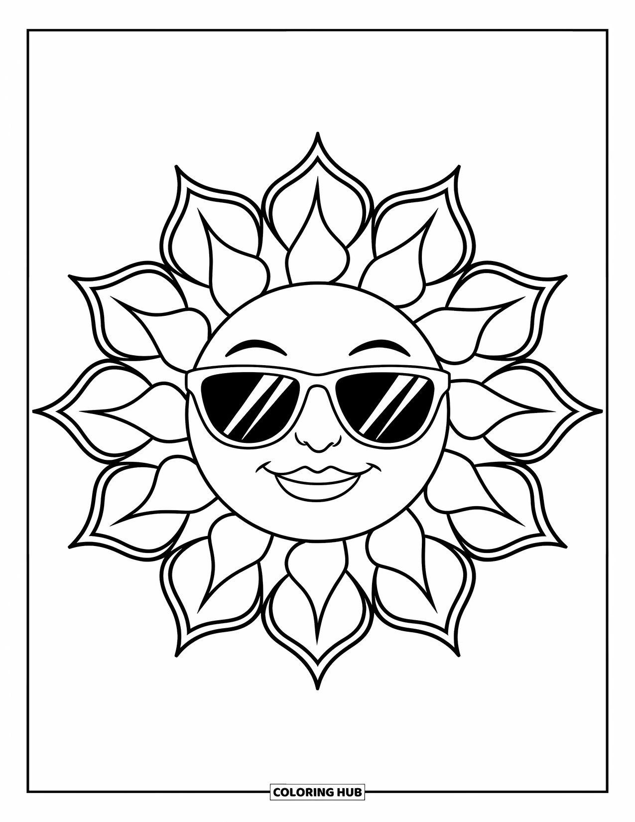 Spring Break Coloring Page for Adults: A cheerful sun wearing shades sits in a flower mandala