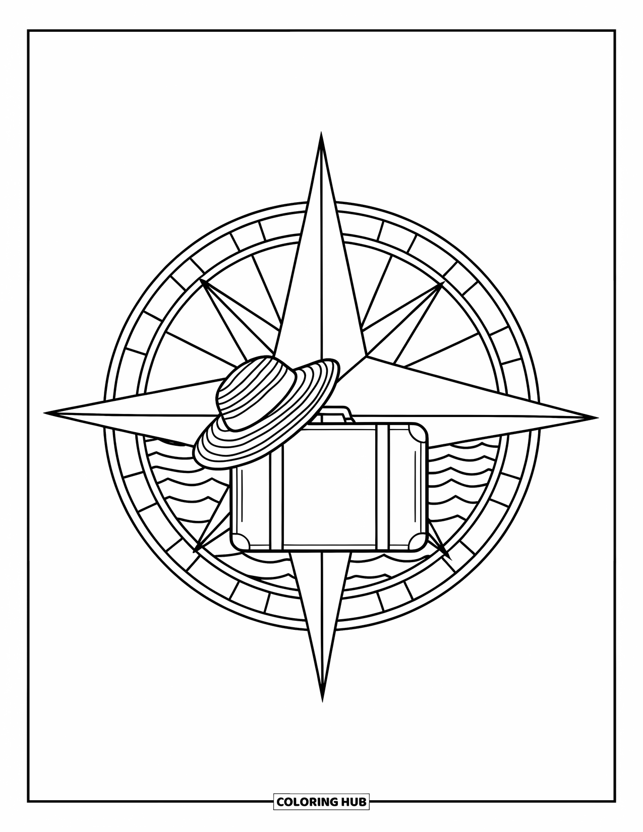 Spring Break Coloring Page for Adults: A compass rose holding a suitcase and hat near the sea