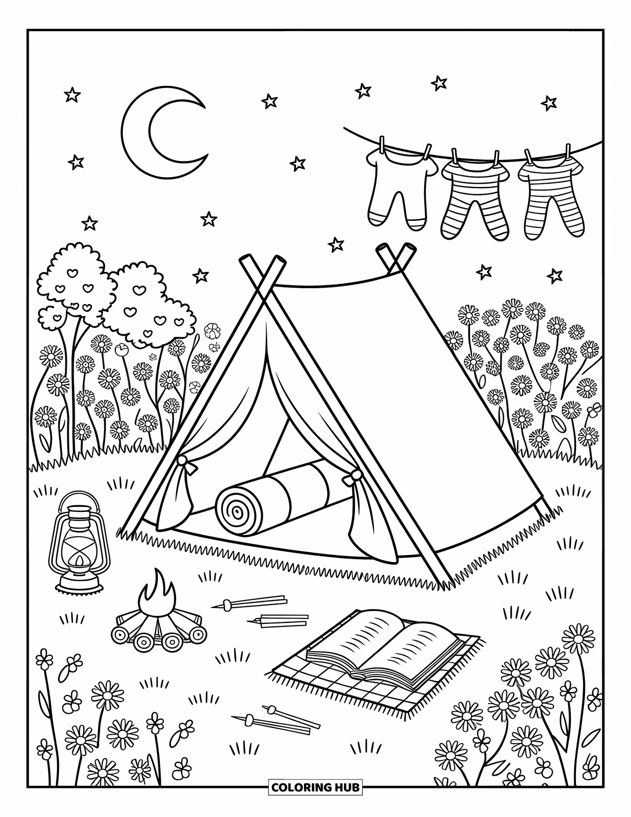 Spring Break Coloring Page for Adults: A cozy backyard tent with a lantern, blanket, and twinkling stars