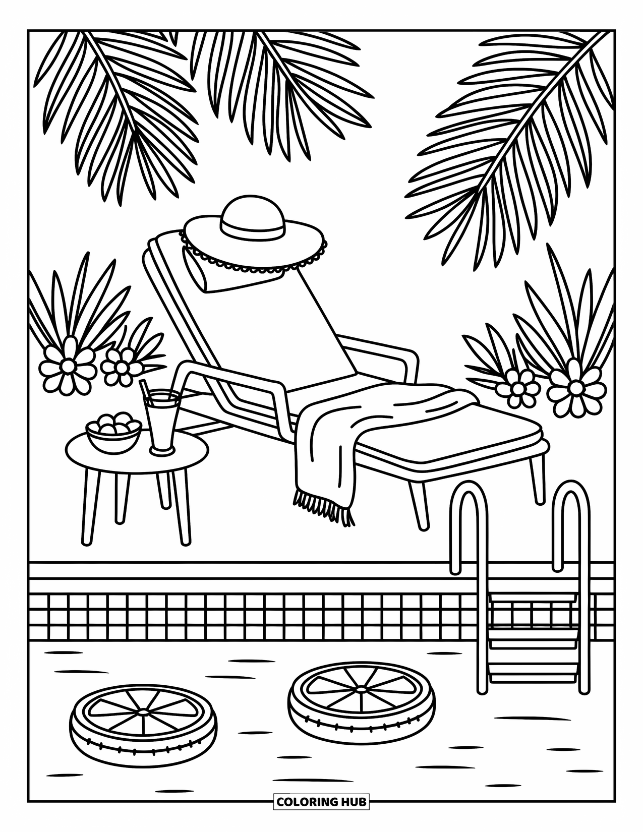 Spring Break Coloring Page for Adults: A cozy pool view with a sunhat, fruit, and floating slices